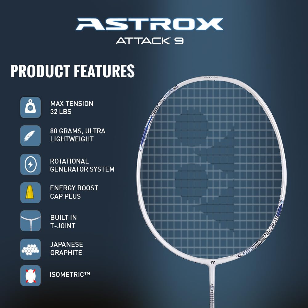 Yonex Badminton Racquet Astrox Attack 9 Pearl White G4 4U(80GMS-32LBS) (Made in India)