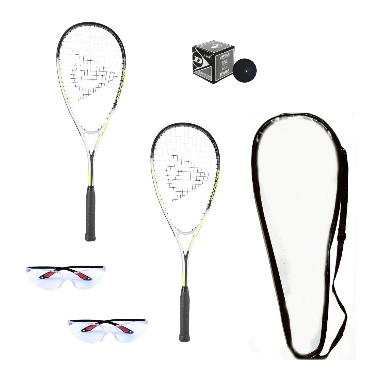 Dunlop Sports Squash Racquet Set (Includes 2 Racquets, 2 Eyeguards, 1 Ball, Cover) (Beginner Package)
