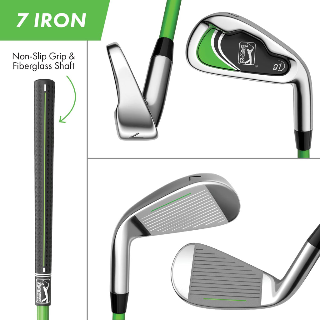 PGA Tour G1 Series Kids Green Golf Club Set with 3 Clubs, Golf Bag & 5 Total Pieces | Golf Clubs and Sets for Heights 3'6" - 4'1" | Complete Youth Golf Club Set