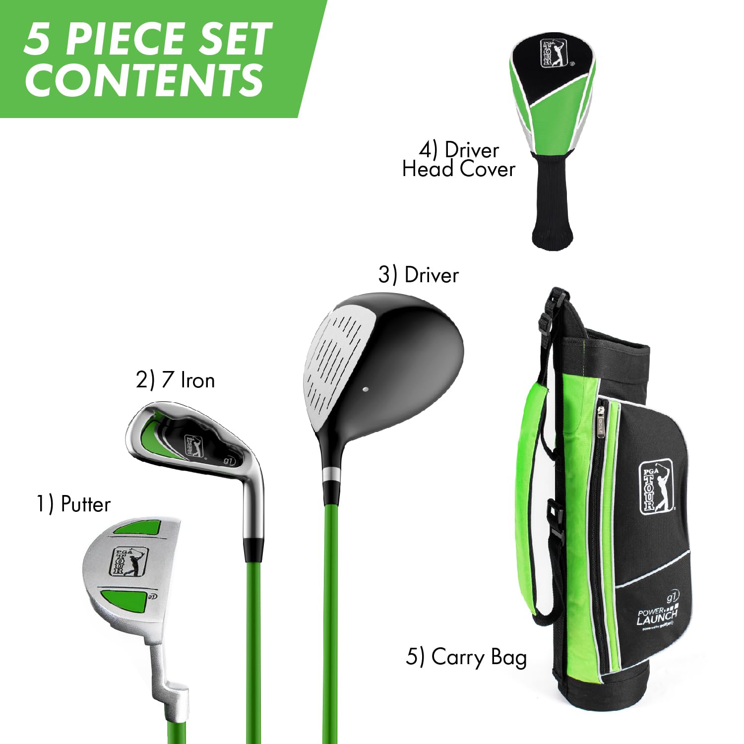 PGA Tour G1 Series Kids Green Golf Club Set with 3 Clubs, Golf Bag & 5 Total Pieces | Golf Clubs and Sets for Heights 3'6" - 4'1" | Complete Youth Golf Club Set