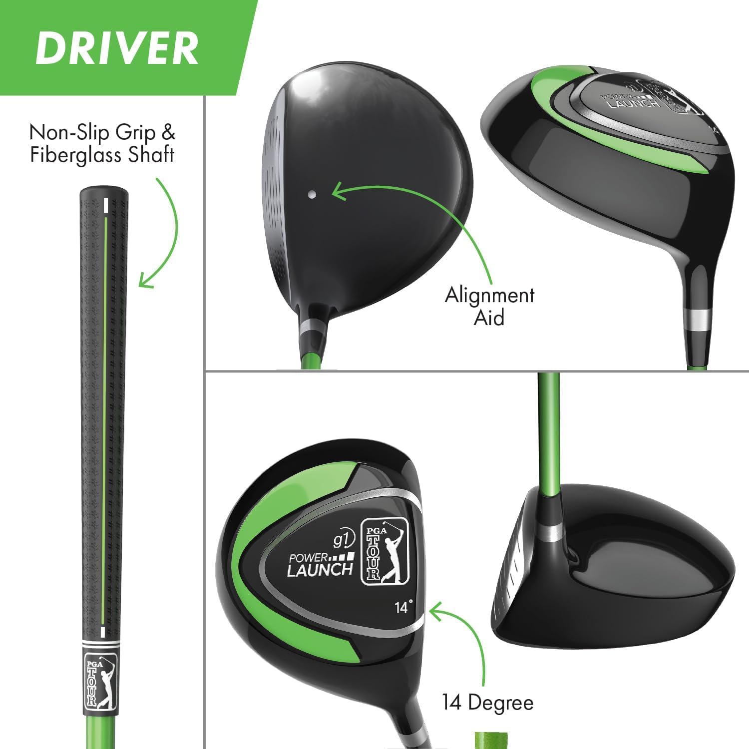 PGA Tour G1 Series Kids Green Golf Club Set with 3 Clubs, Golf Bag & 5 Total Pieces | Golf Clubs and Sets for Heights 3'6" - 4'1" | Complete Youth Golf Club Set