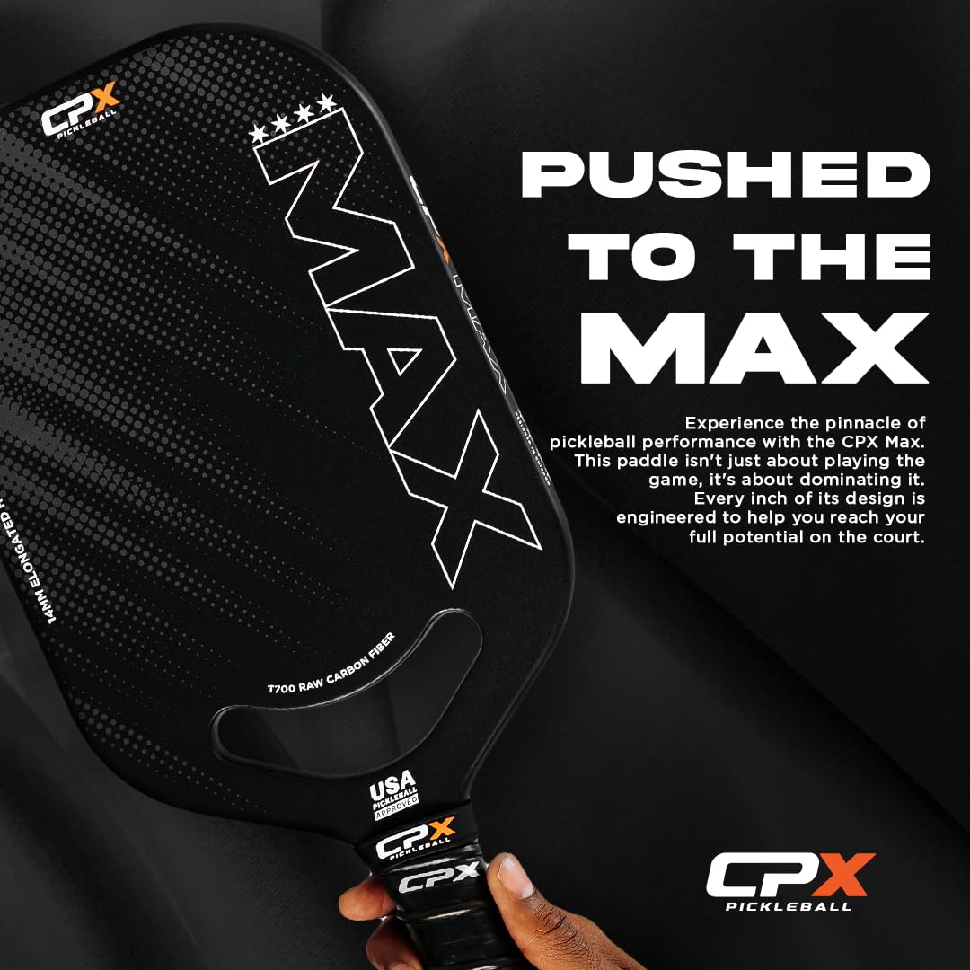 CPX MAX Black Raw Carbon Fiber T700 Pickleball Elongated Paddle Racket - Professional Grade, 14mm Core Thickness, Comfortable Tennis Style Grip - Durable Designed in Chicago, USA