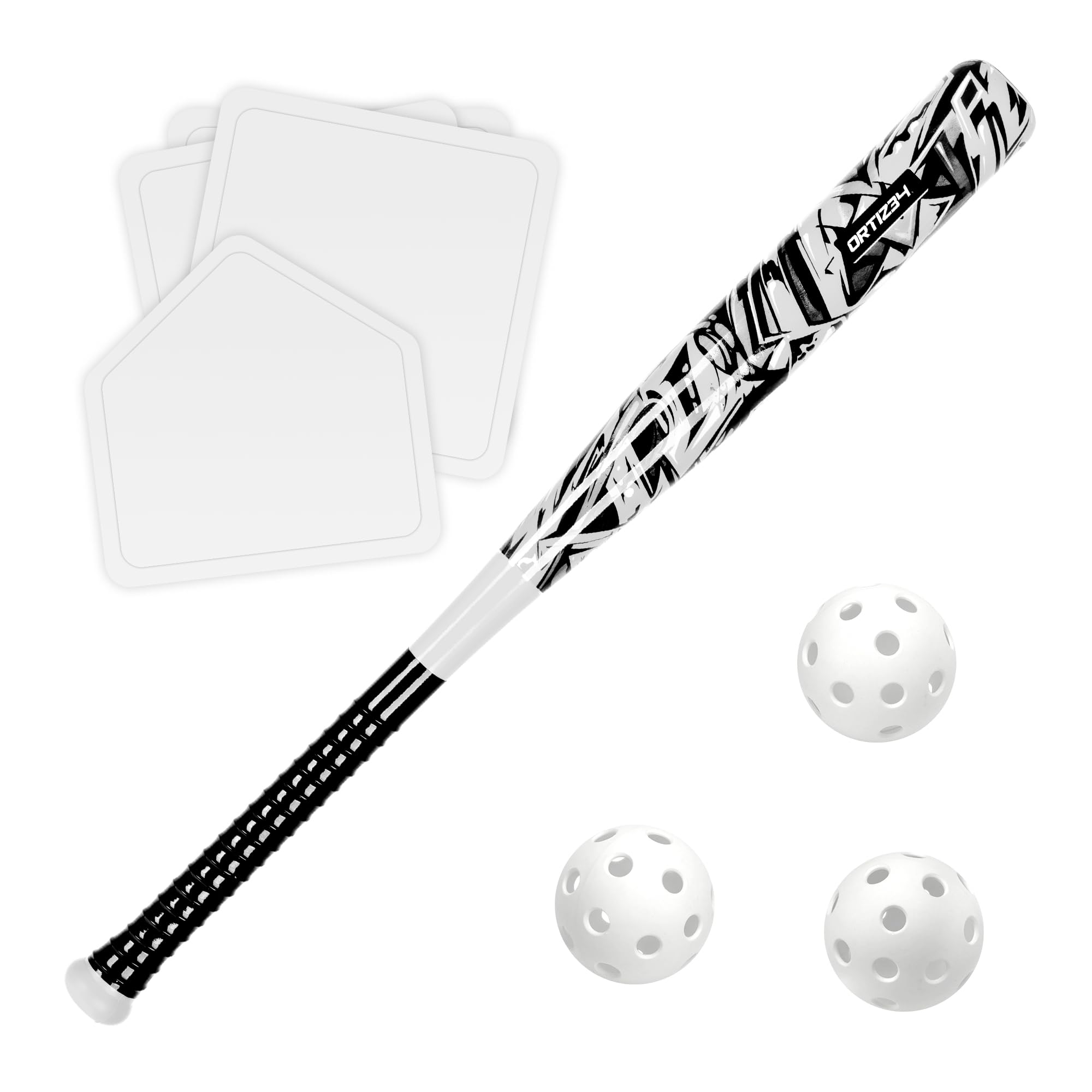 Ortiz34 Grand Slam Set- Graffiti Plastic Bat, 3 Balls, 4 Throw Down (White)