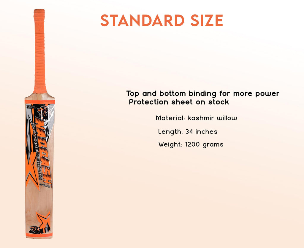 Kashmir Willow Leather Ball Cricket Bat, Orange Sticker, Adult Full Size