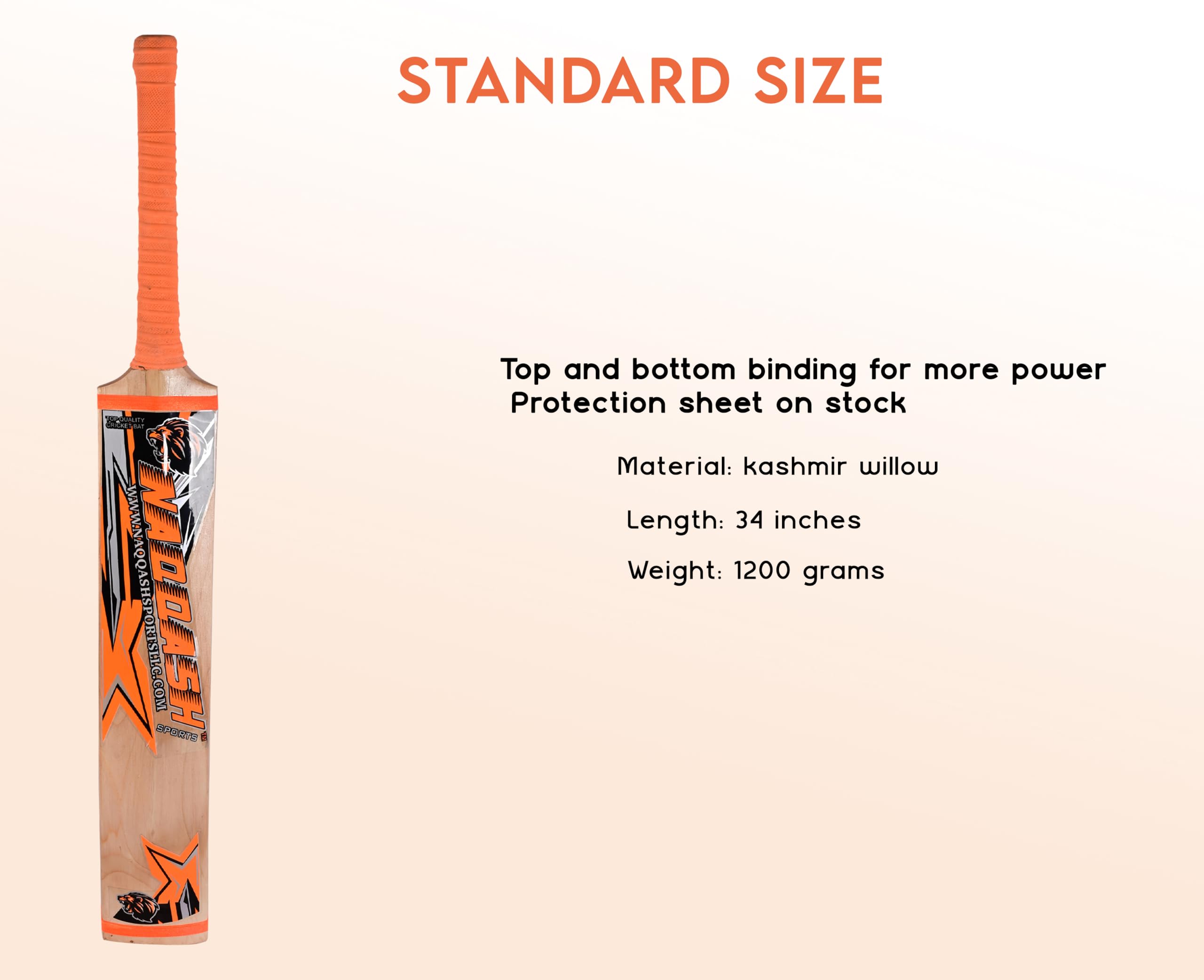 Kashmir Willow Leather Ball Cricket Bat, Orange Sticker, Adult Full Size