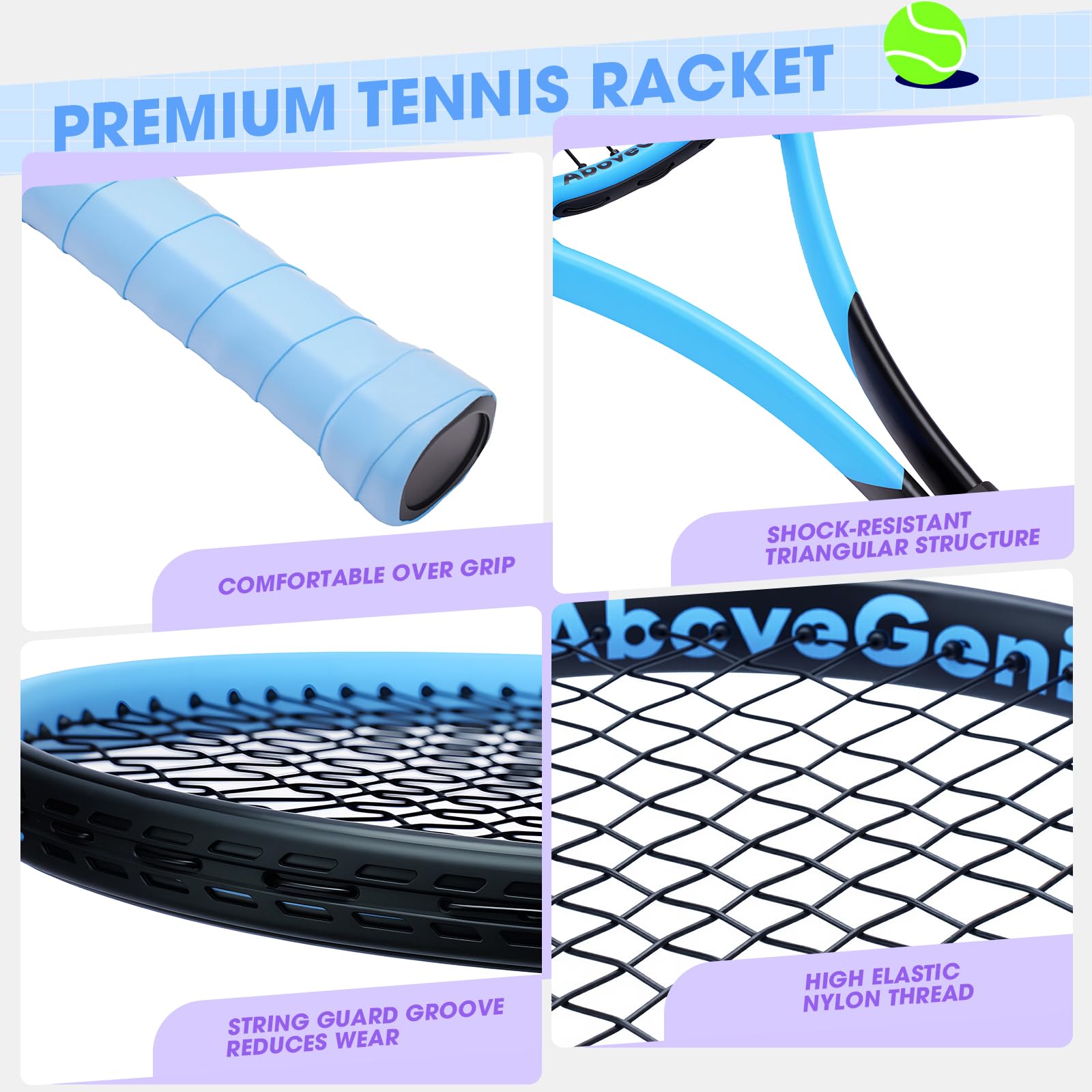 AboveGenius 27-Inch Tennis Rackets, 2 Pack with Balls and Bag, Blue/Pink