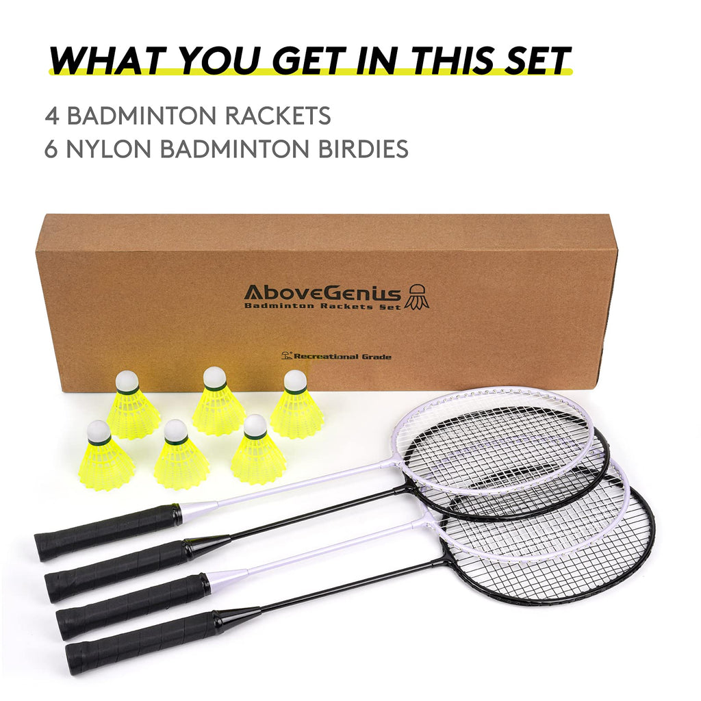 AboveGenius Lightweight Badminton Set, 4 Rackets with 6 Nylon Birdies