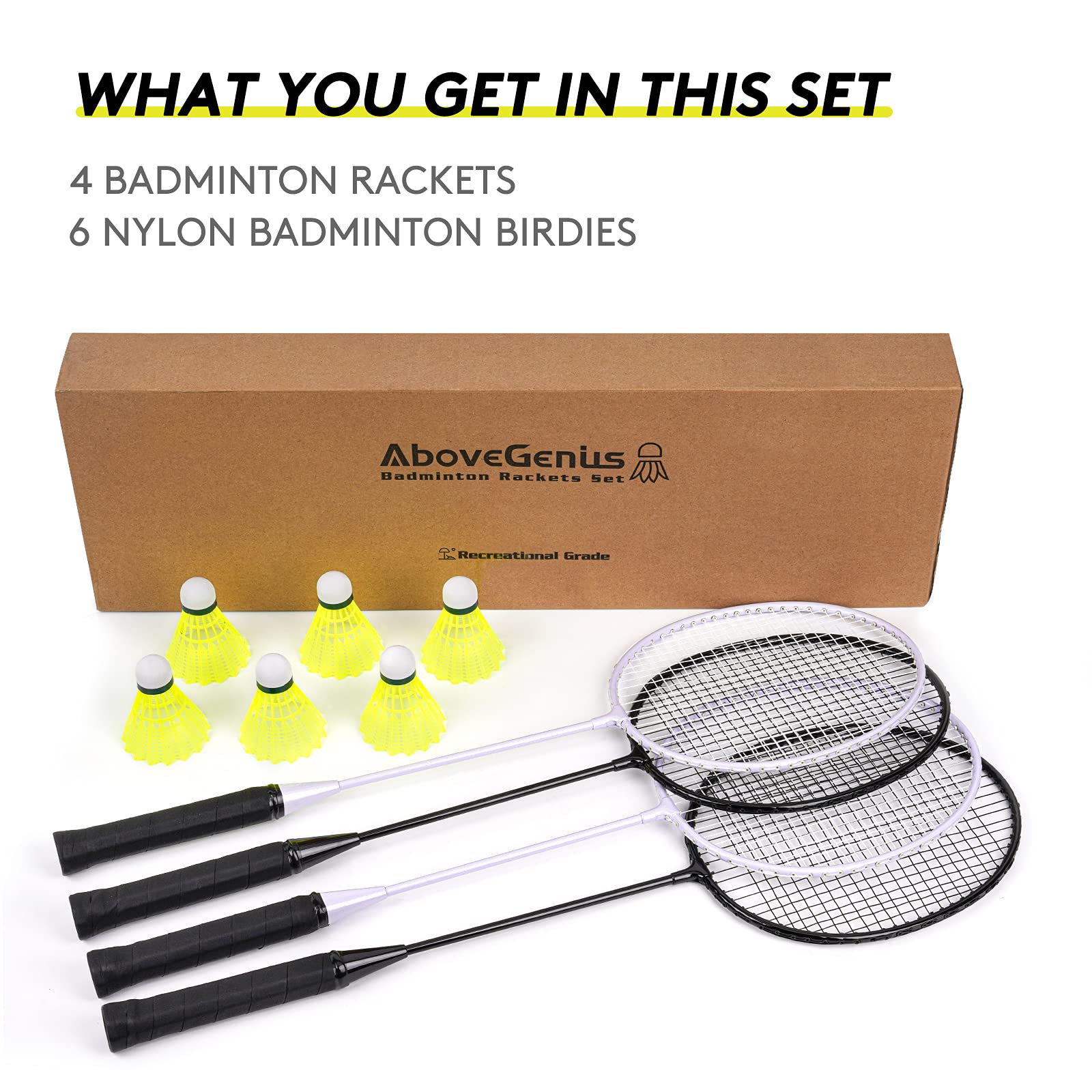 AboveGenius Lightweight Badminton Set, 4 Rackets with 6 Nylon Birdies