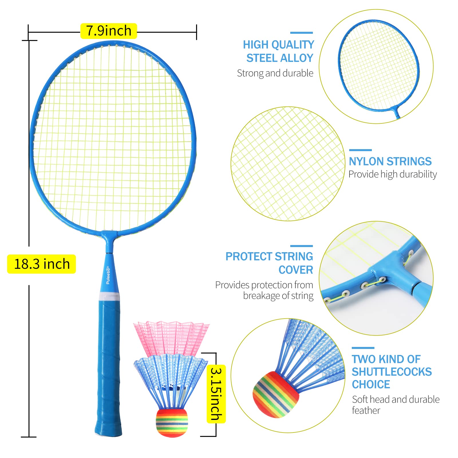 PULEEBO Kids Badminton Racket Set - Children Beginner Family Outdoor Camping Badminton Sport Game Steel Alloy Badminton Racket Including 4 Rackets 8 Shuttlecocks 1 Storage Bag