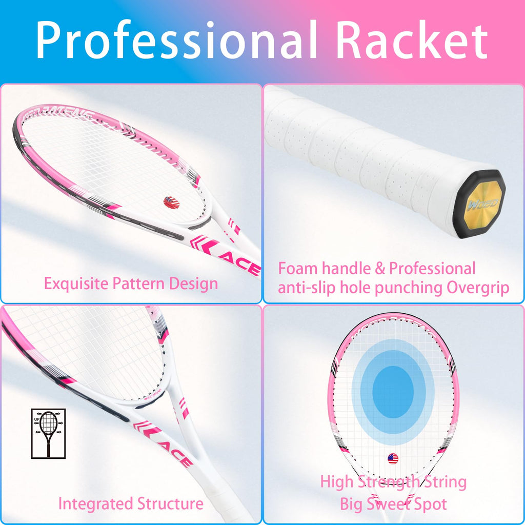 Pro Tennis Racket for Adults, 2 Player 27 inch Speed Tennis Racquet Acceptable for Beginner and Professional with 3 Tennis Balls, 2 Vibration Dampes, 2 Overgrips, Tennis Bag (Pink-Blue)