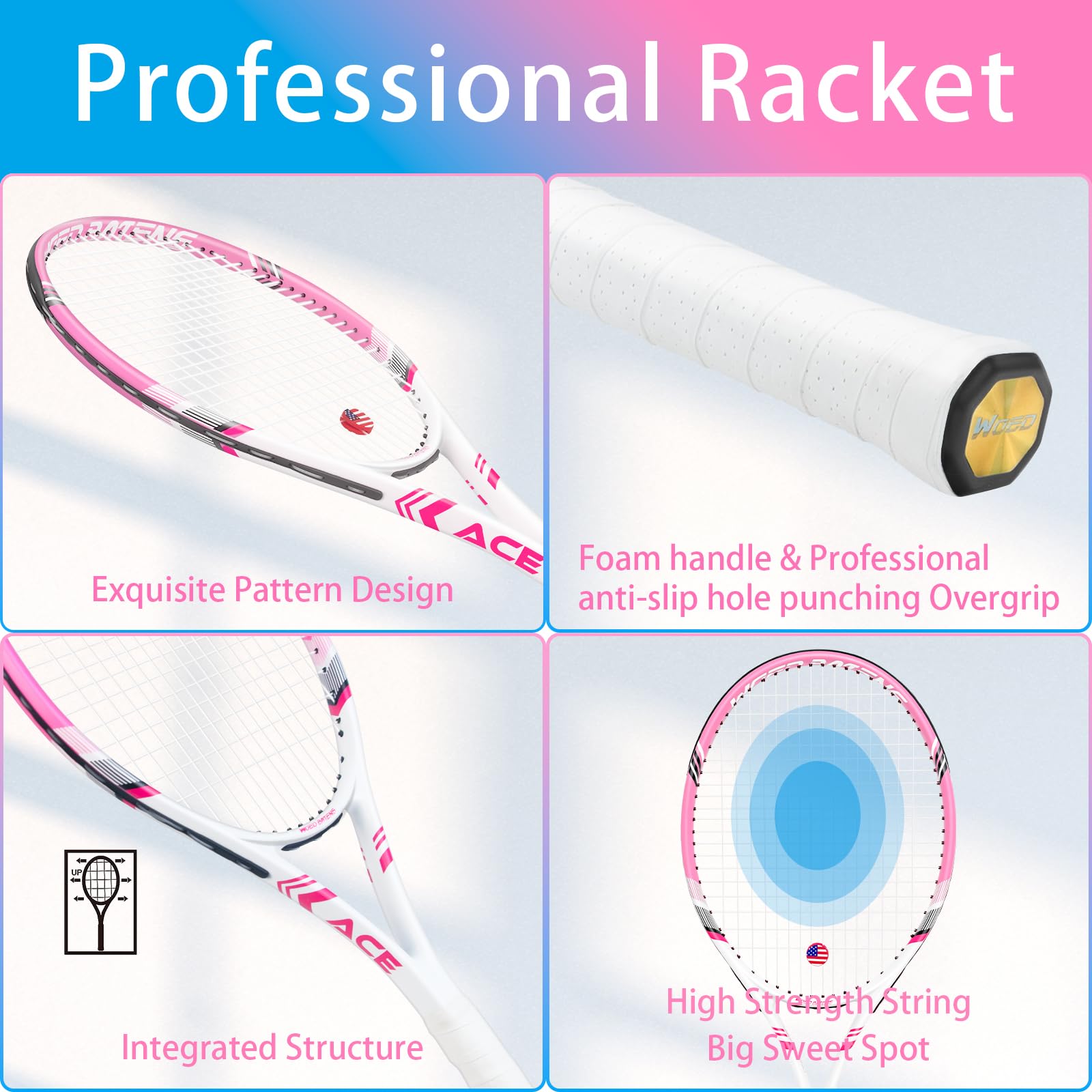 Pro Tennis Racket for Adults, 2 Player 27 inch Speed Tennis Racquet Acceptable for Beginner and Professional with 3 Tennis Balls, 2 Vibration Dampes, 2 Overgrips, Tennis Bag (Pink-Blue)