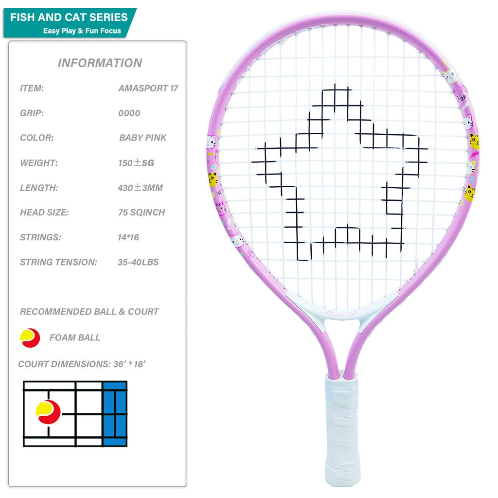 AMA SPORT Kids Tennis Racket for Junior Toddlers Starter Kit 17" Pink for Girl Toddlers with Shoulder Strap Bag (Baby Pink, 17)