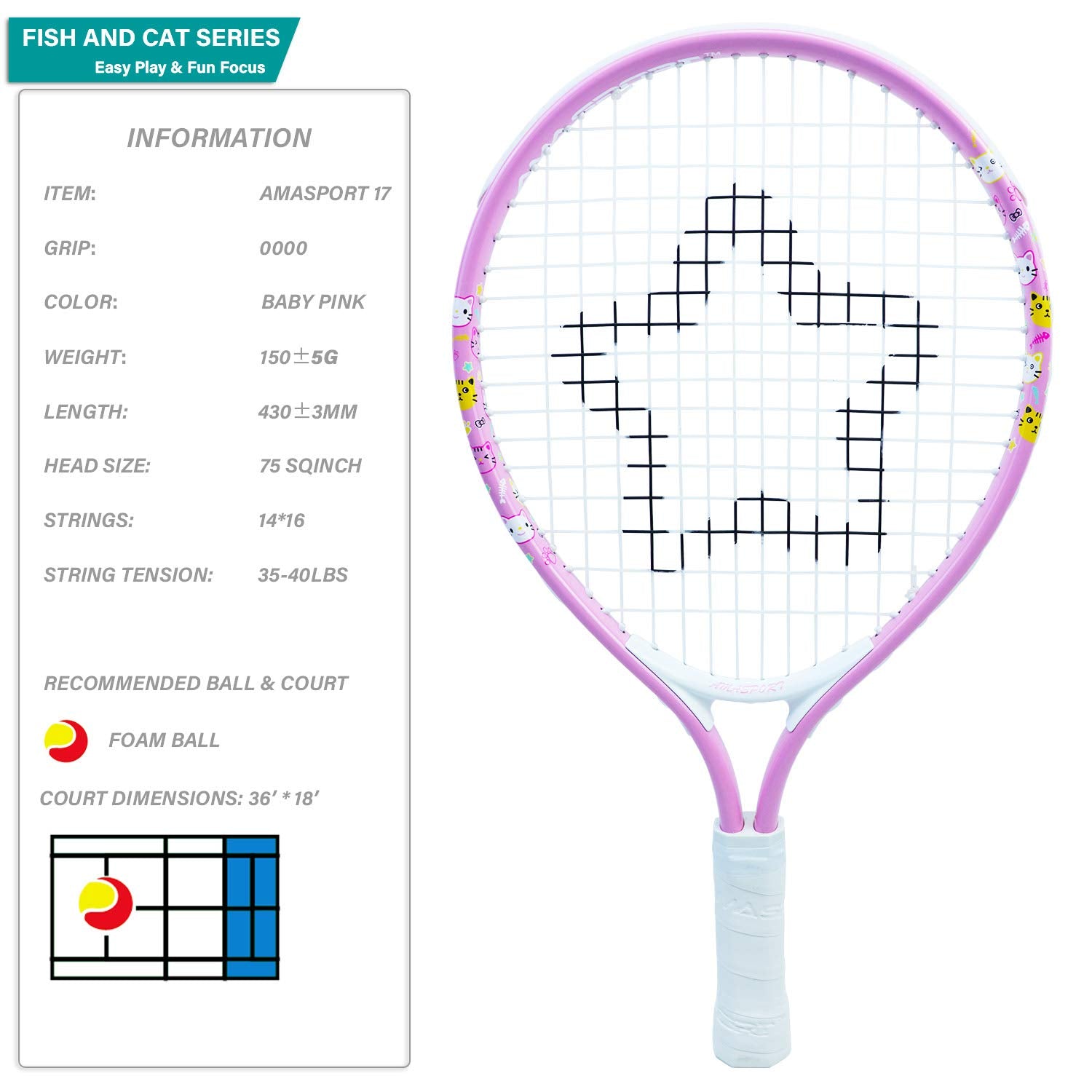 AMA SPORT Kids Tennis Racket for Junior Toddlers Starter Kit 17" Pink for Girl Toddlers with Shoulder Strap Bag (Baby Pink, 17)