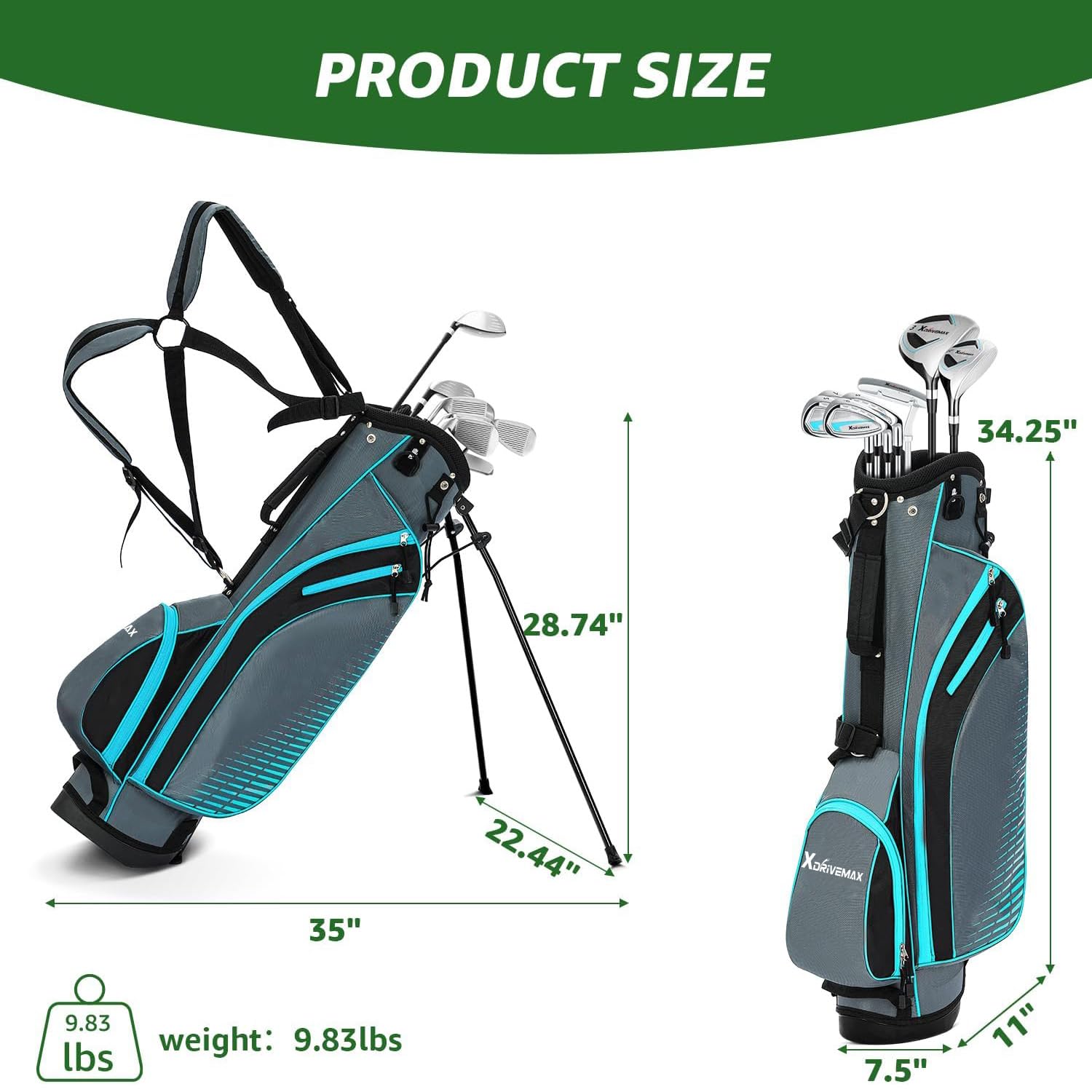 XDriveMax 8-Piece Right Hand Complete Golf Club Set for Men & Women: Wood, Hybrid, Irons, Putter & Bag - Beginner Friendly, High Distance & Accuracy,Right,Light Blue