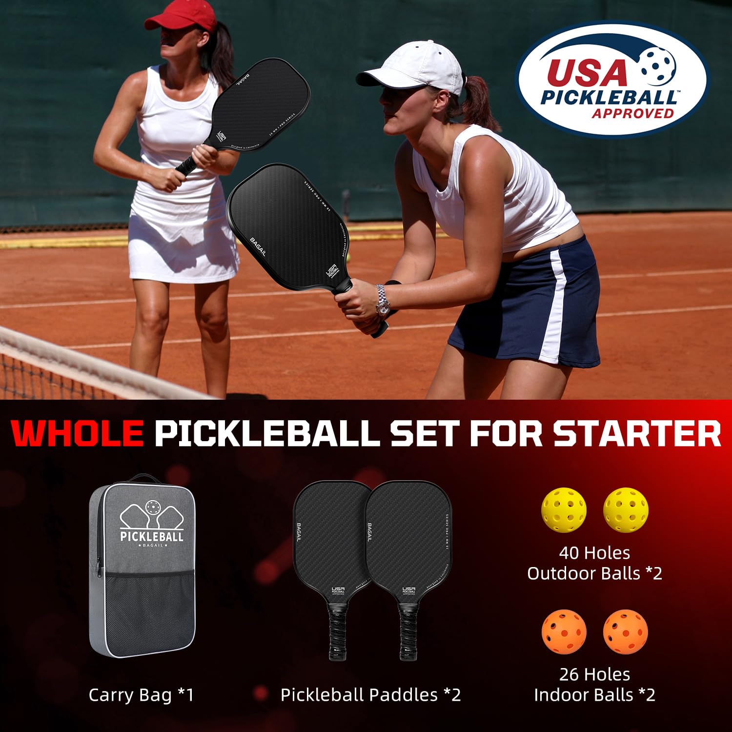 BAGAIL Pickleball Paddles, USAPA Approved Fiberglass Surface Pickleball Set, Lightweight Pickle Ball Rackets with 4 Balls, 1 Bag, Designed in California for Traction and Stability - 2 Pack, Black