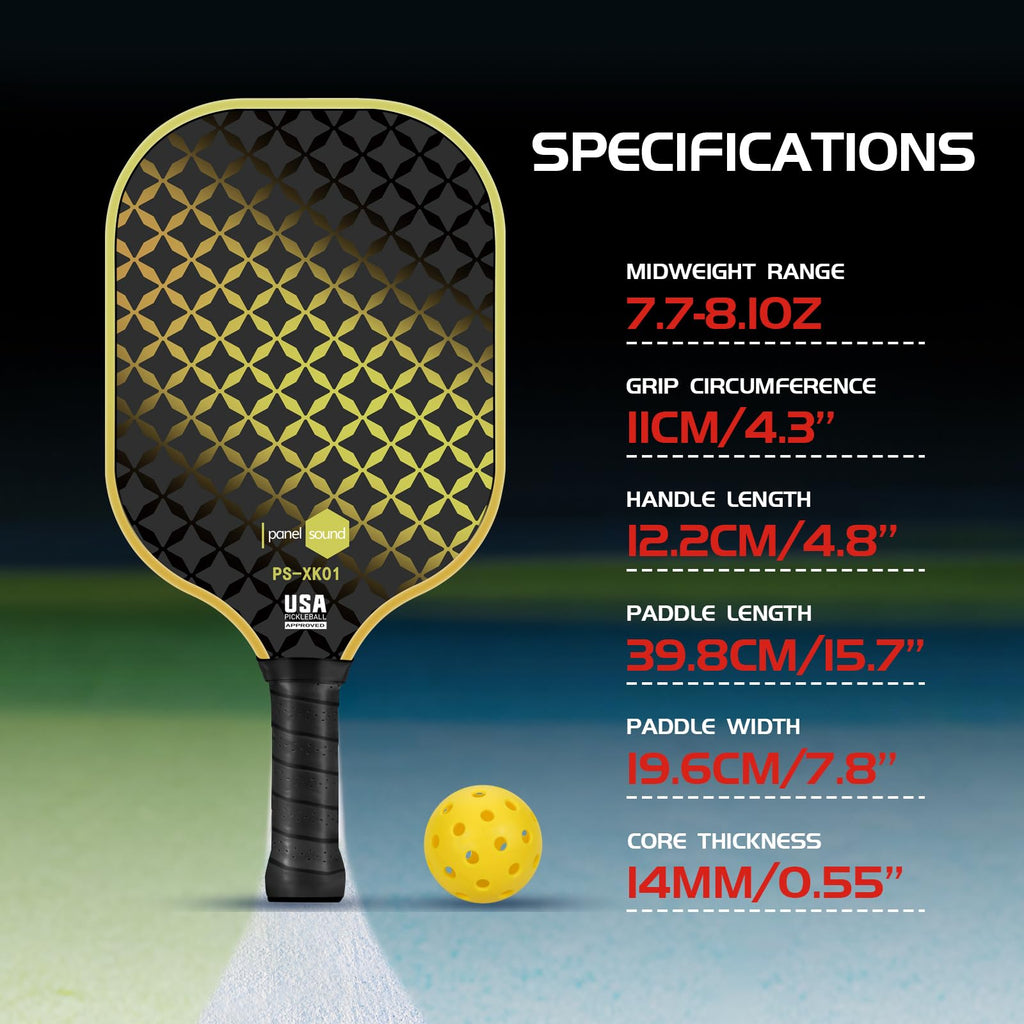 Panel Sound Pickleball Paddles Set of 4, 4 Fiberglass Pickleball Rackets, Pickleball Racquets 4 Pack with 1 Carrying Case & 4 Outdoor Balls