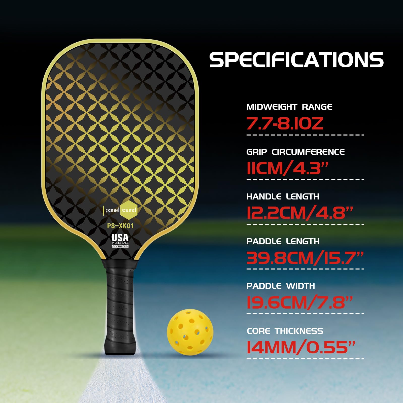 Panel Sound Pickleball Paddles Set of 4, 4 Fiberglass Pickleball Rackets, Pickleball Racquets 4 Pack with 1 Carrying Case & 4 Outdoor Balls