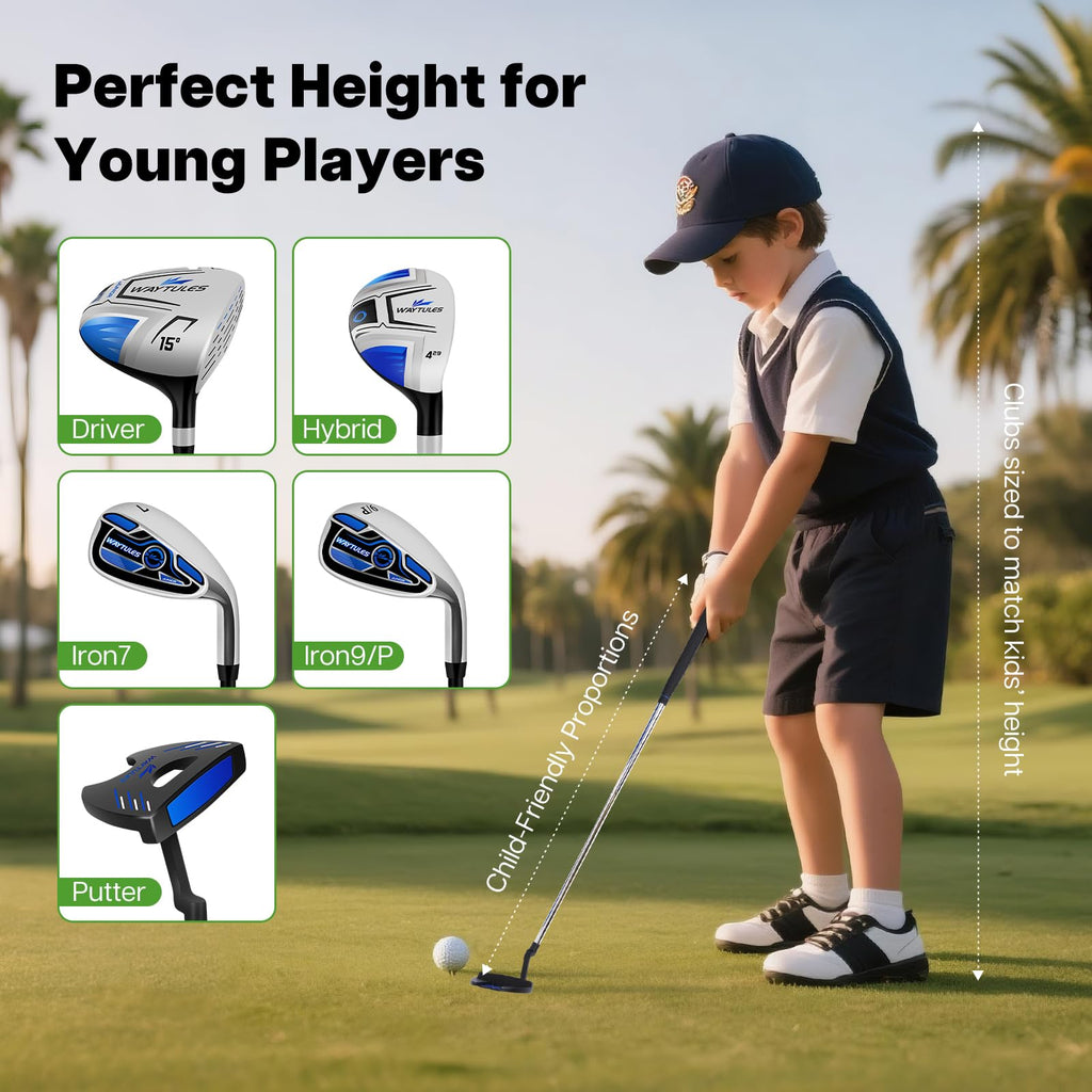 Kids Golf Clubs Set 7 Pieces for Boys & Girls Ages 6-8, Junior Golf Set with Stand Bag, Driver, Hybrid, Irons & Putter, Youth Golf Club Set Right Handed(Blue)