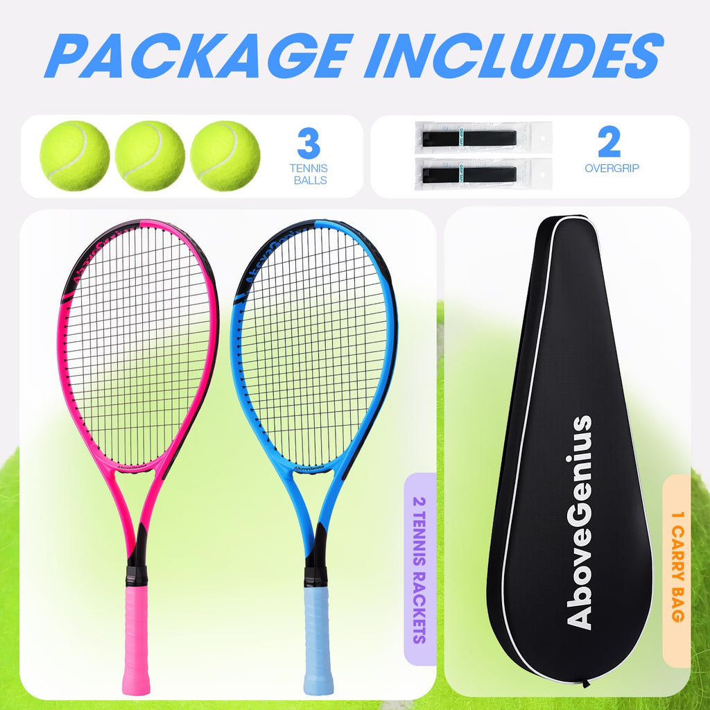 AboveGenius 27-Inch Tennis Rackets, 2 Pack with Balls and Bag, Blue/Pink