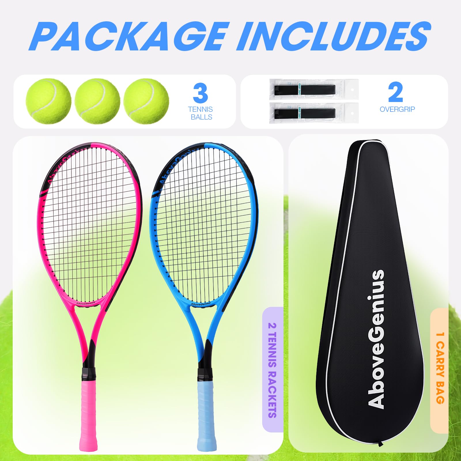 AboveGenius 27-Inch Tennis Rackets, 2 Pack with Balls and Bag, Blue/Pink