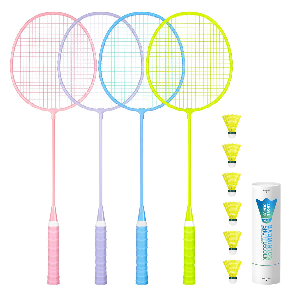 AboveGenius Lightweight Badminton Set, 4 Rackets with 6 Nylon Birdies