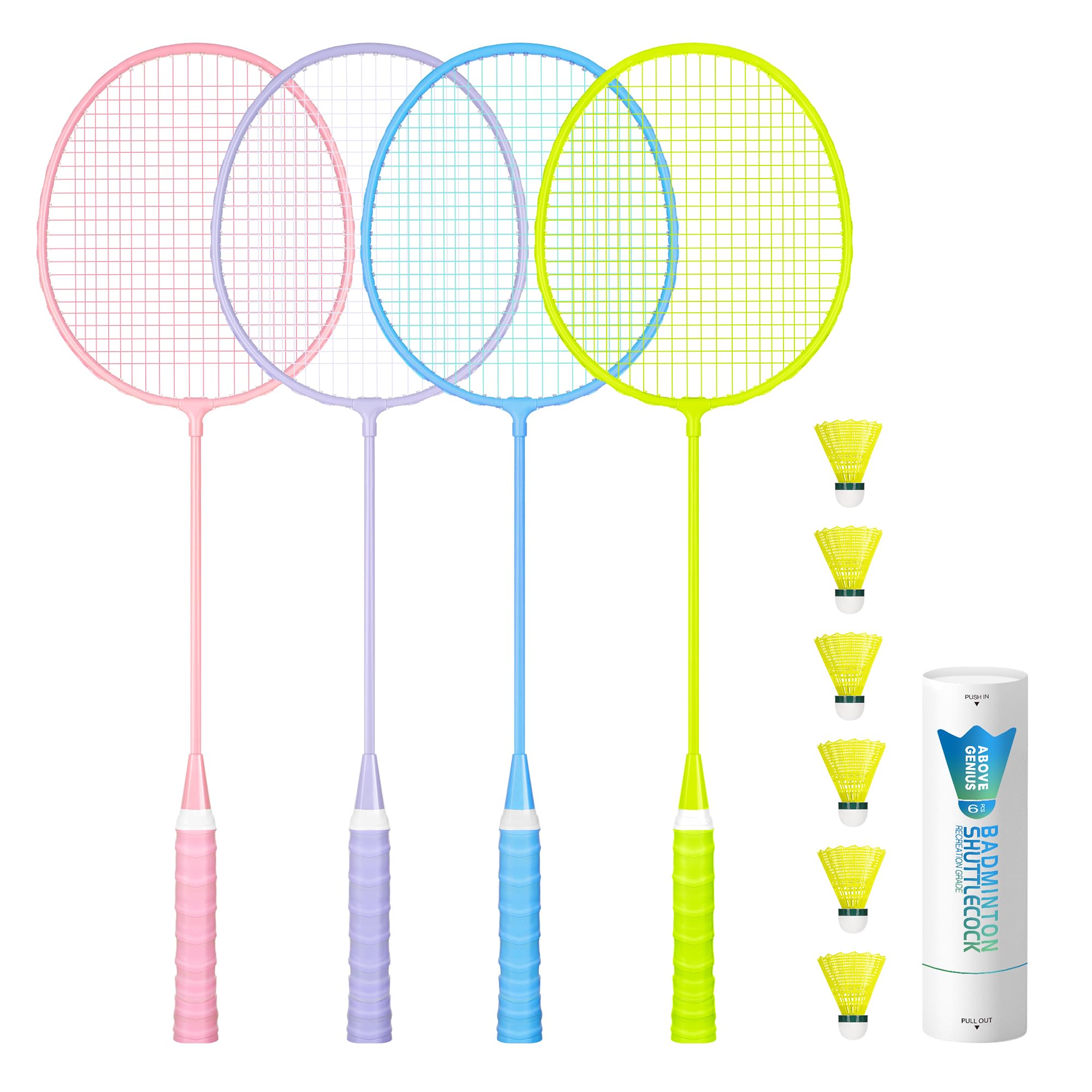 AboveGenius Lightweight Badminton Set, 4 Rackets with 6 Nylon Birdies