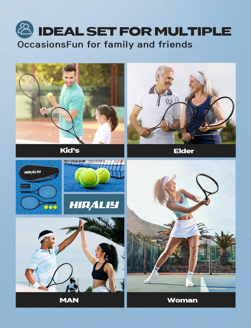 HIRALIY 27-Inch Tennis Rackets, 2 Pack with Balls, Overgrips and Bag, Black