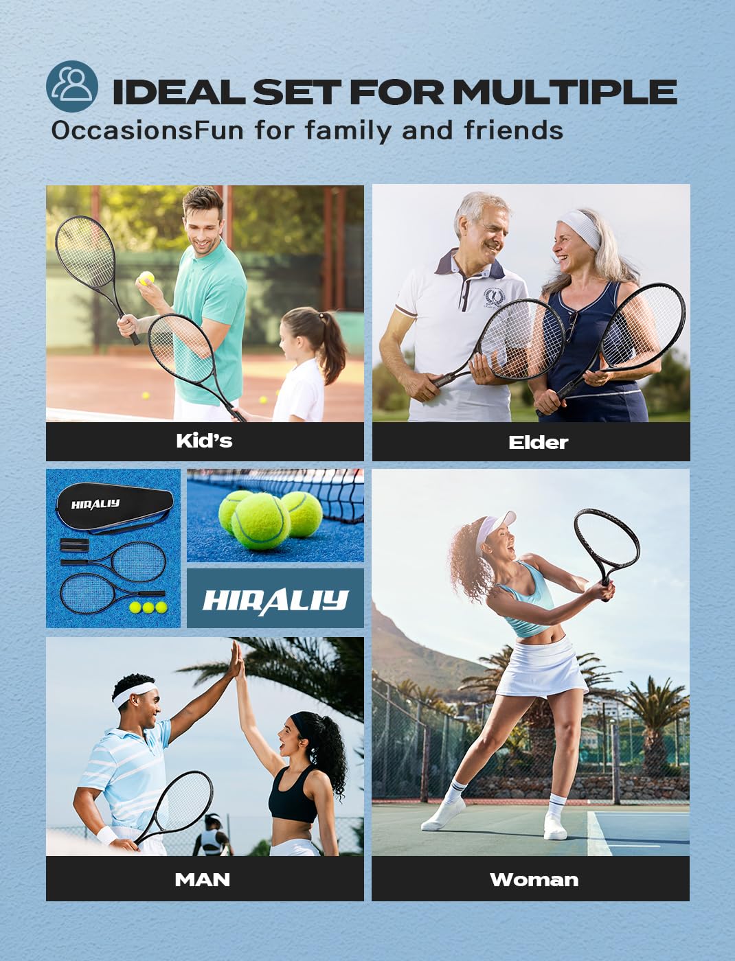 HIRALIY 27-Inch Tennis Rackets, 2 Pack with Balls, Overgrips and Bag, Black
