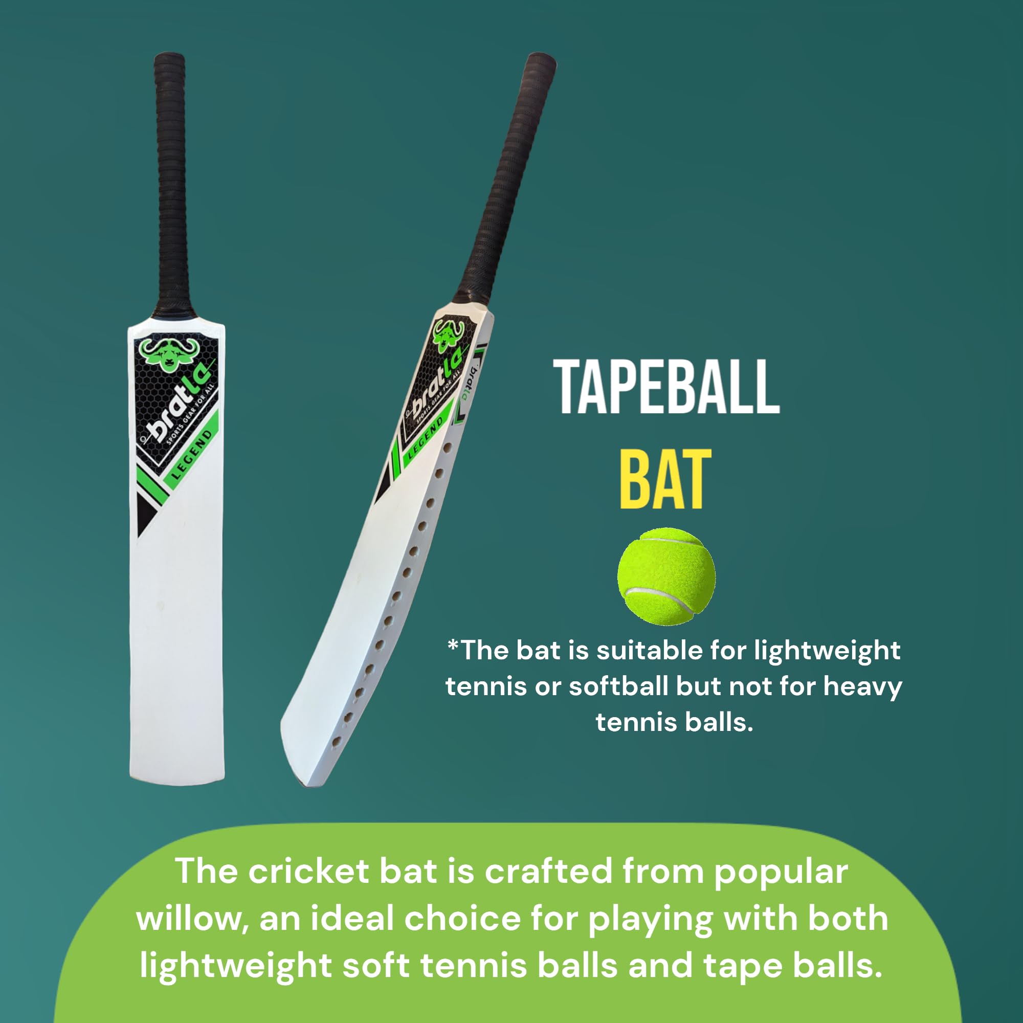 Bratla Legend Cricket Bat for Tape Ball Cricket, Ideal Cricket Bat for Tapped Tennis Ball & Softball Cricket - Full Size Men's Bat