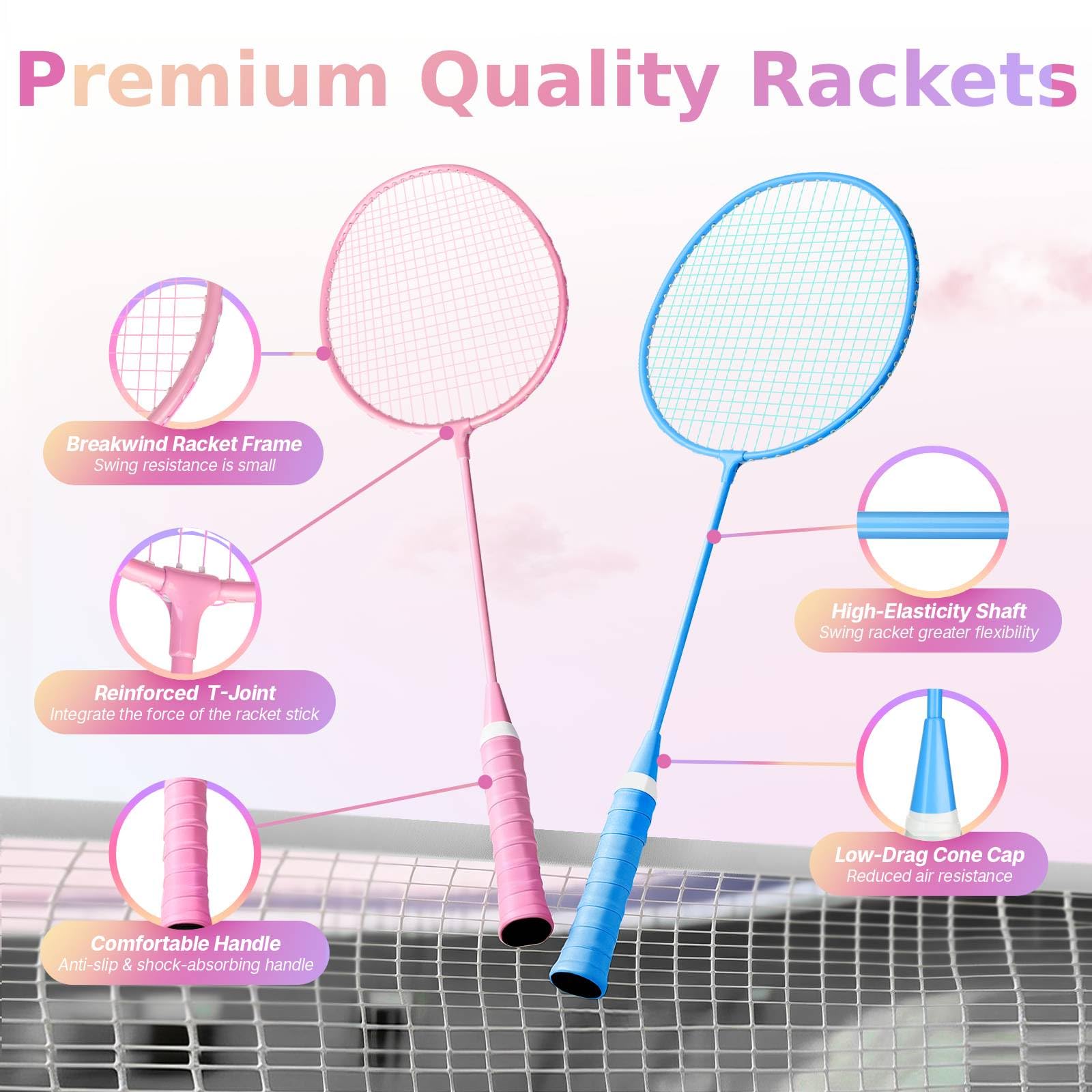 AboveGenius Lightweight Badminton Set, 4 Rackets with 6 Nylon Birdies