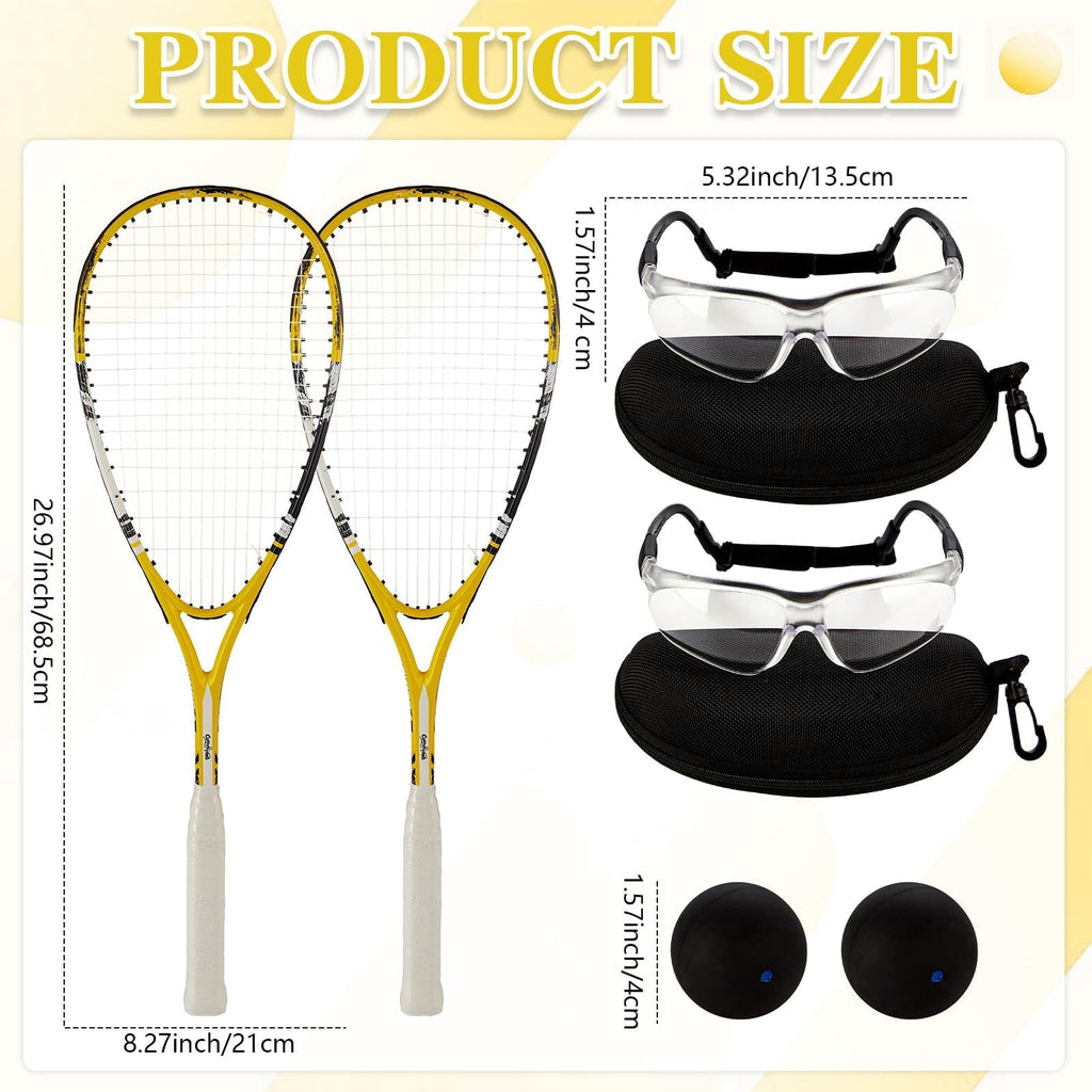 Conderyang 2 Pack Beginner Squash Racquet Set Includes Racquets with Racket Bags Anti Fog Goggles Cases Blue Dot Ball Indoor Gym Sports for Beginners Novice Training Recreational Play (Yellow)
