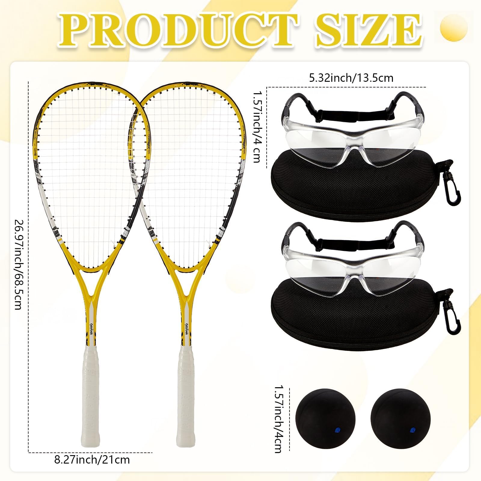 Conderyang 2 Pack Beginner Squash Racquet Set Includes Racquets with Racket Bags Anti Fog Goggles Cases Blue Dot Ball Indoor Gym Sports for Beginners Novice Training Recreational Play (Yellow)