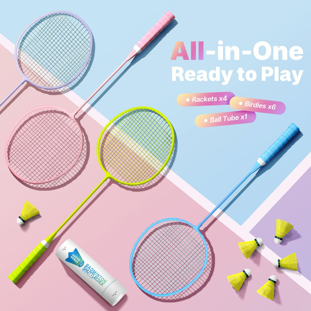 AboveGenius Lightweight Badminton Set, 4 Rackets with 6 Nylon Birdies