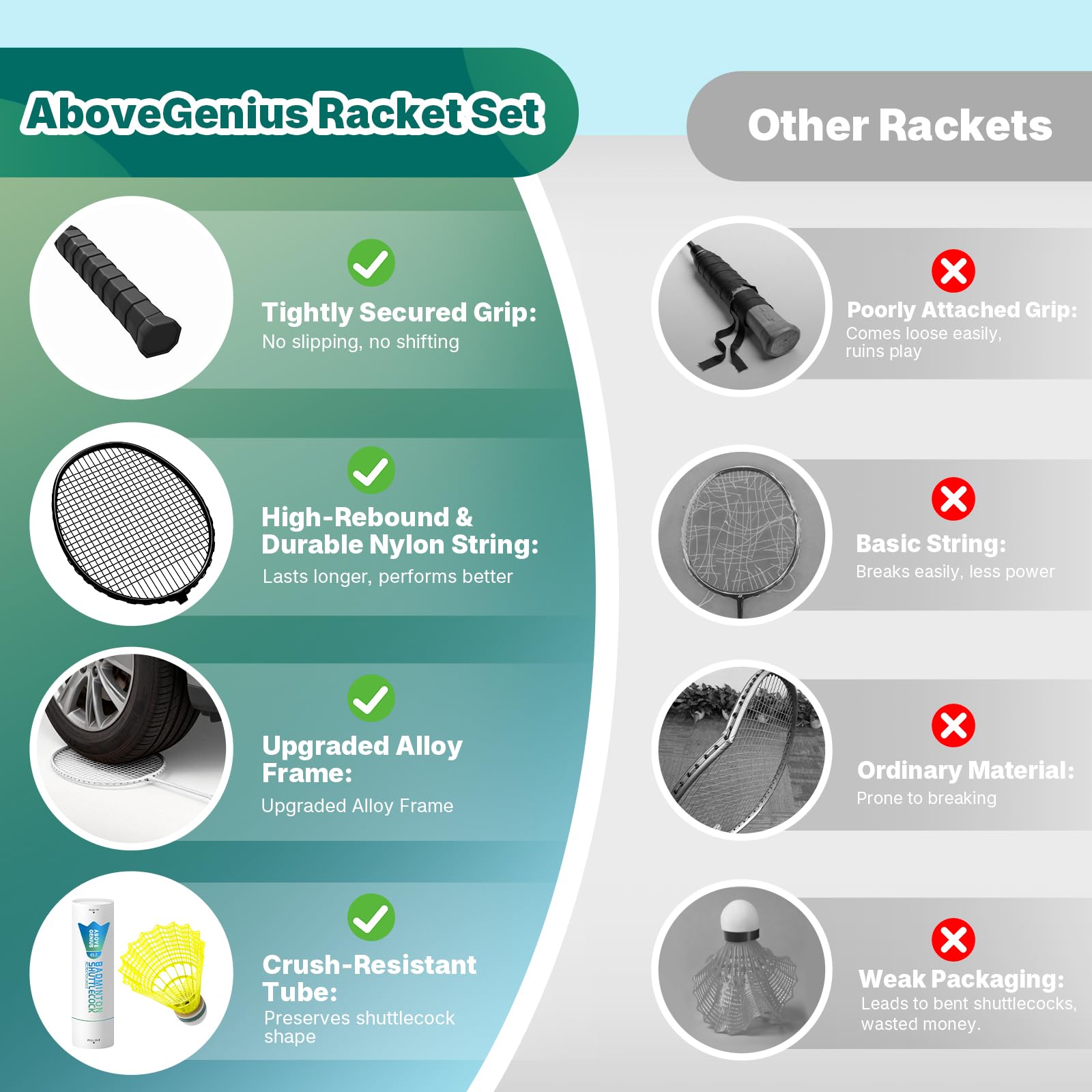 AboveGenius Badminton Rackets Set of 6 for Outdoor Backyard Games, Including 6 Rackets, 6 Nylon Badminton Shuttlecocks, Lightweight Badminton Racquets for Beginners