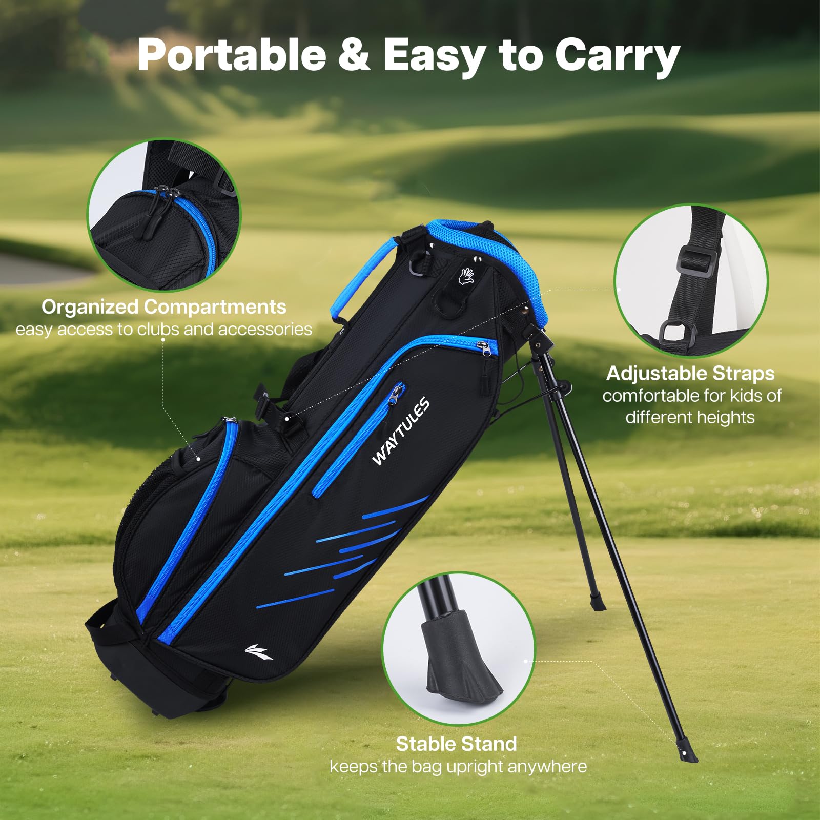 Kids Golf Clubs Set 7 Pieces for Boys & Girls Ages 6-8, Junior Golf Set with Stand Bag, Driver, Hybrid, Irons & Putter, Youth Golf Club Set Right Handed(Blue)