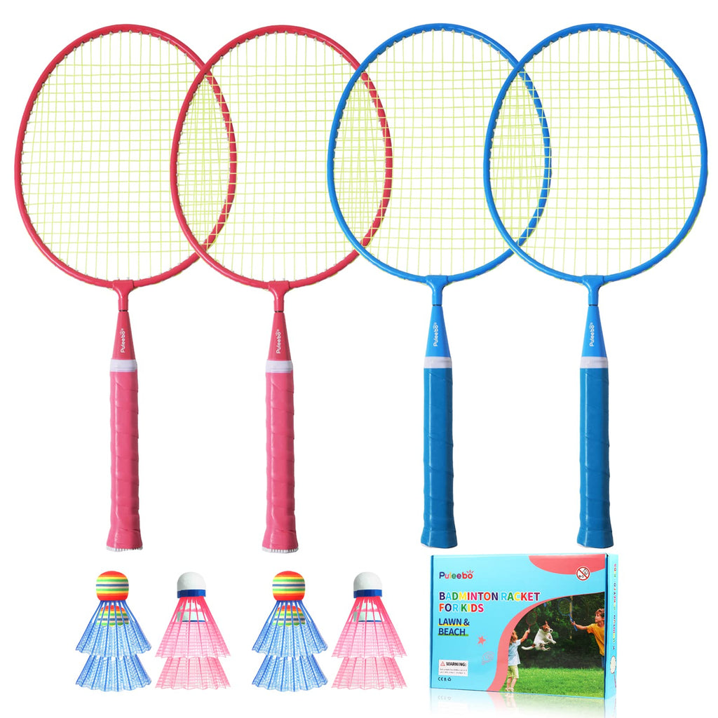 PULEEBO Kids Badminton Racket Set - Children Beginner Family Outdoor Camping Badminton Sport Game Steel Alloy Badminton Racket Including 4 Rackets 8 Shuttlecocks 1 Storage Bag