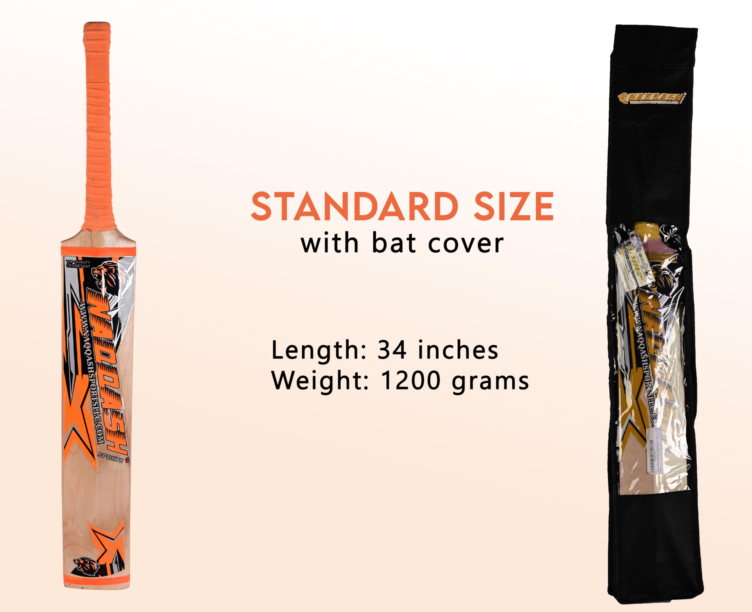 Kashmir Willow Leather Ball Cricket Bat, Orange Sticker, Adult Full Size