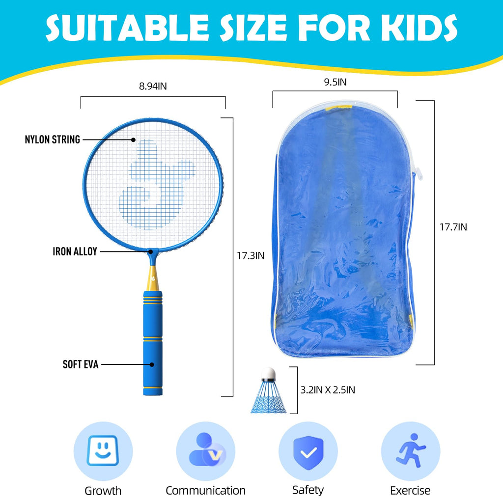 Kids Badminton Rackets Set with Soft Grip, Oversize & Lightweight Racquet