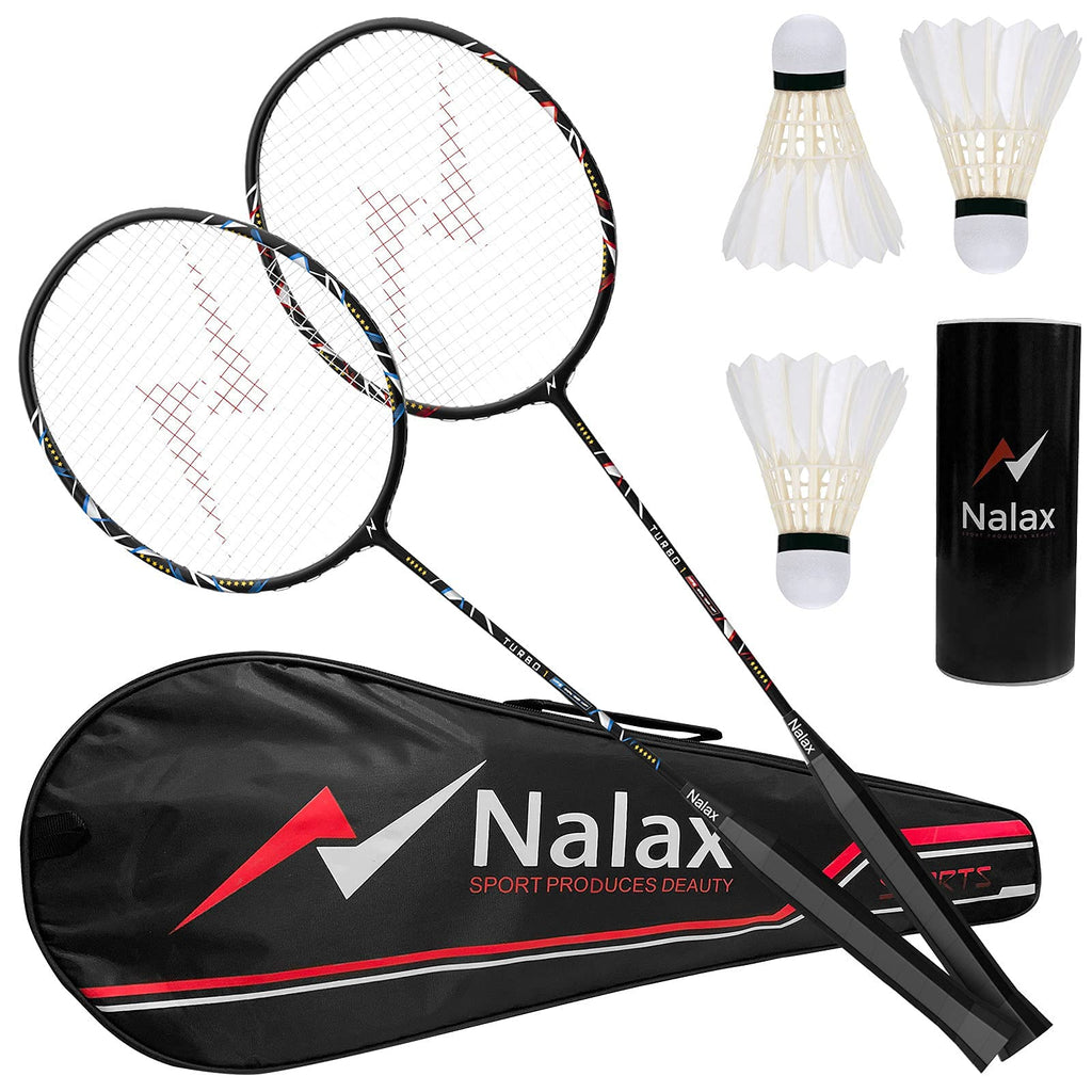 Nalax Badminton Set for 2 Players, Lightweight Graphite Badminton Rackets Complete Kit with 3 Shuttlecocks & Portable Carry Bag, Outdoor Sports Game for Adults Teens Kids, Backyard Lawn Beach