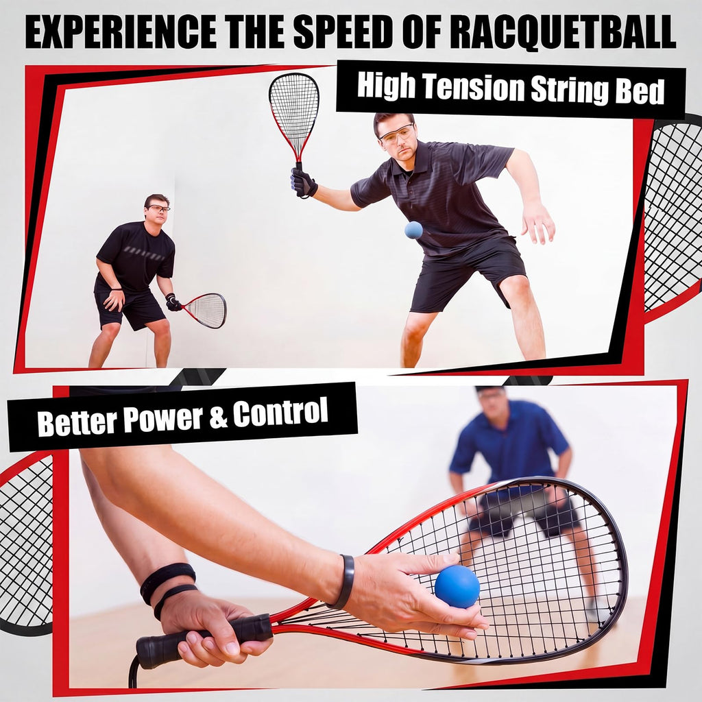 Seenelling Racquetball Racket Set of 2 with Carry Bag, 2 Anti Fog Sports Goggles and 2 Racquetballs, Aluminum Racquetball Starter Set for Beginners Indoor Court Play (Red)