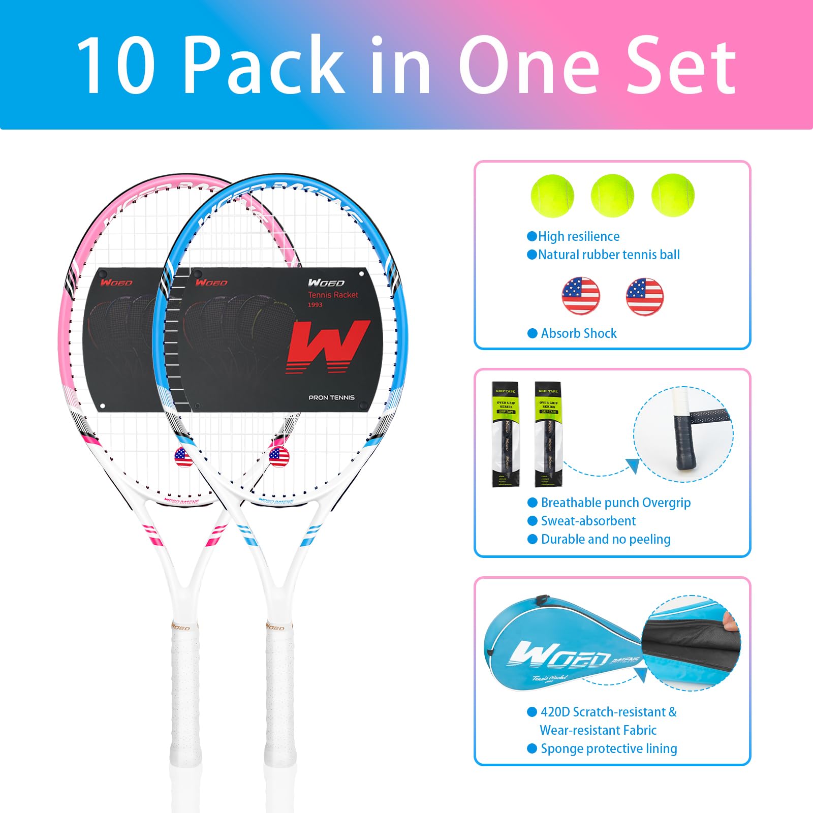 Pro Tennis Racket for Adults, 2 Player 27 inch Speed Tennis Racquet Acceptable for Beginner and Professional with 3 Tennis Balls, 2 Vibration Dampes, 2 Overgrips, Tennis Bag (Pink-Blue)