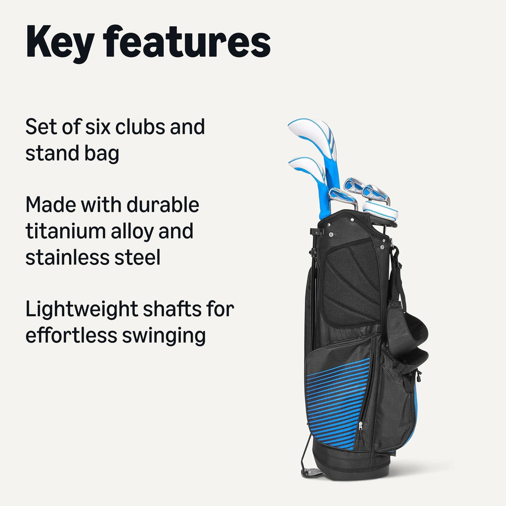 Amazon Basics Golf Club Set, 6- Piece with Stand Bag, Oversized Clubface, Low Center of Gravity, Right Handed, Blue/Black