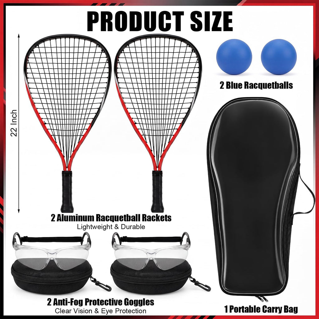 Seenelling Racquetball Racket Set of 2 with Carry Bag, 2 Anti Fog Sports Goggles and 2 Racquetballs, Aluminum Racquetball Starter Set for Beginners Indoor Court Play (Red)