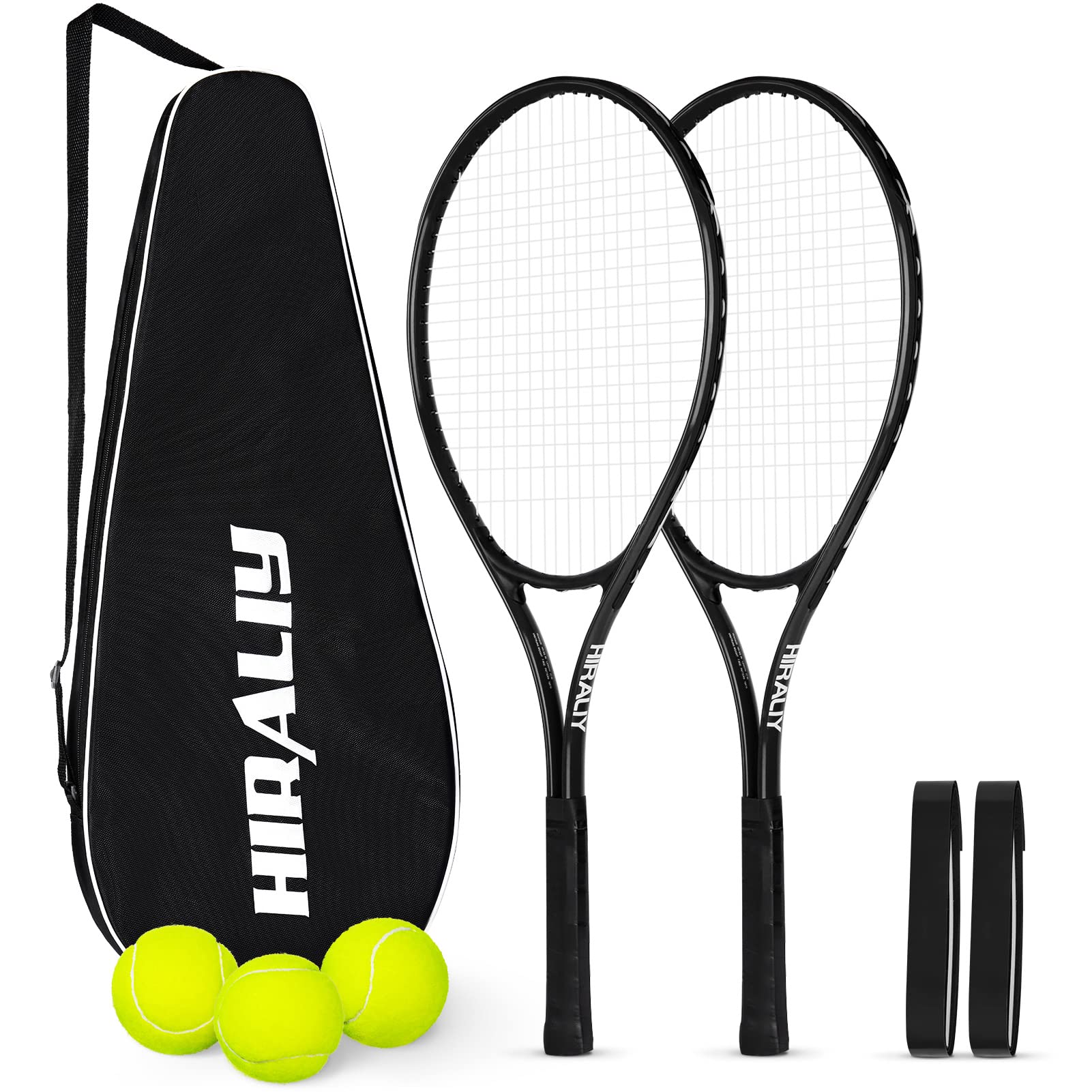 HIRALIY 27-Inch Tennis Rackets, 2 Pack with Balls, Overgrips and Bag, Black
