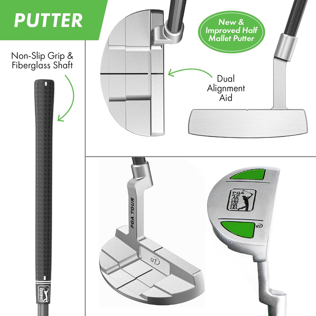 PGA Tour G1 Series Kids Green Golf Club Set with 3 Clubs, Golf Bag & 5 Total Pieces | Golf Clubs and Sets for Heights 3'6" - 4'1" | Complete Youth Golf Club Set