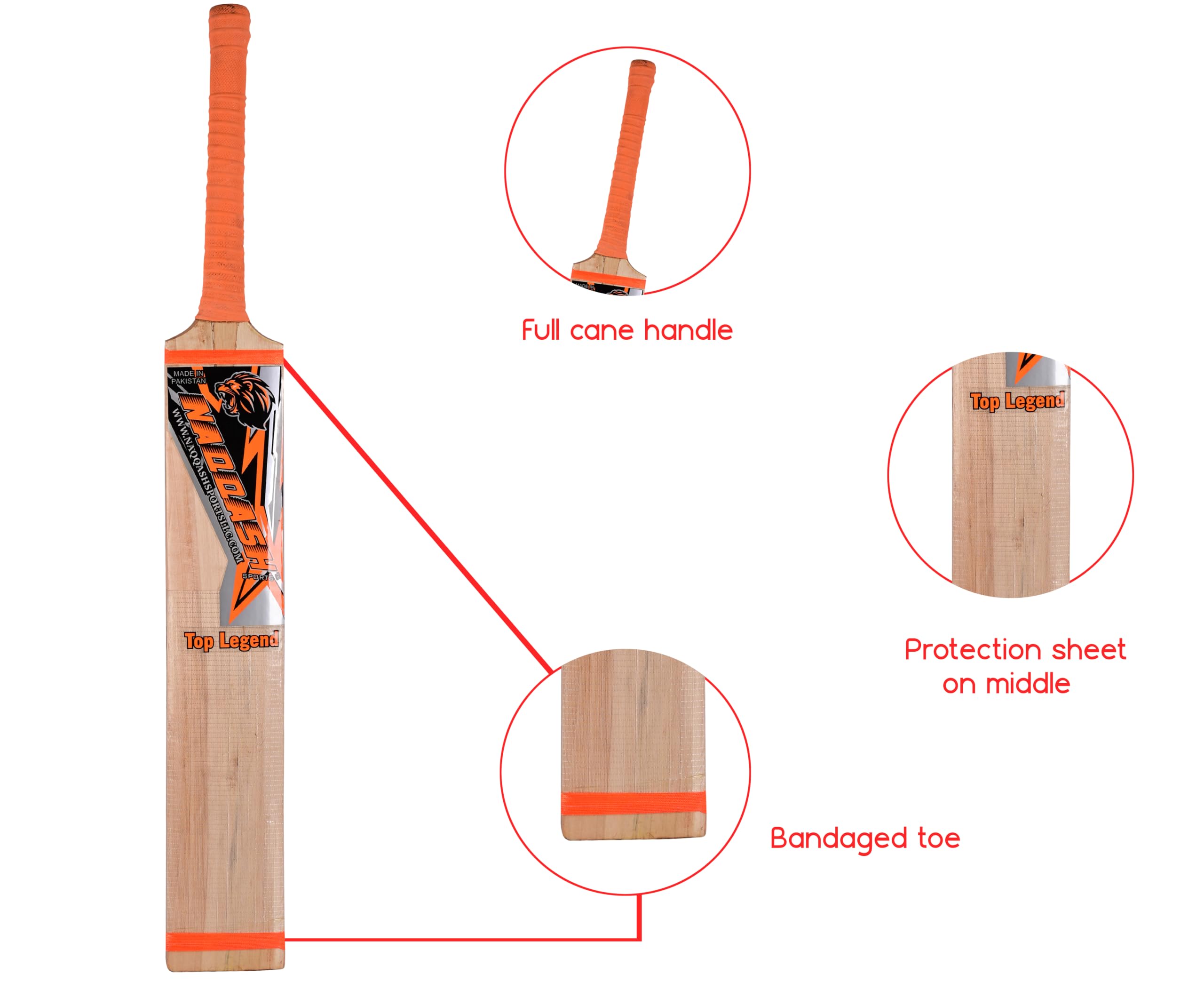 Kashmir Willow Leather Ball Cricket Bat, Orange Sticker, Adult Full Size