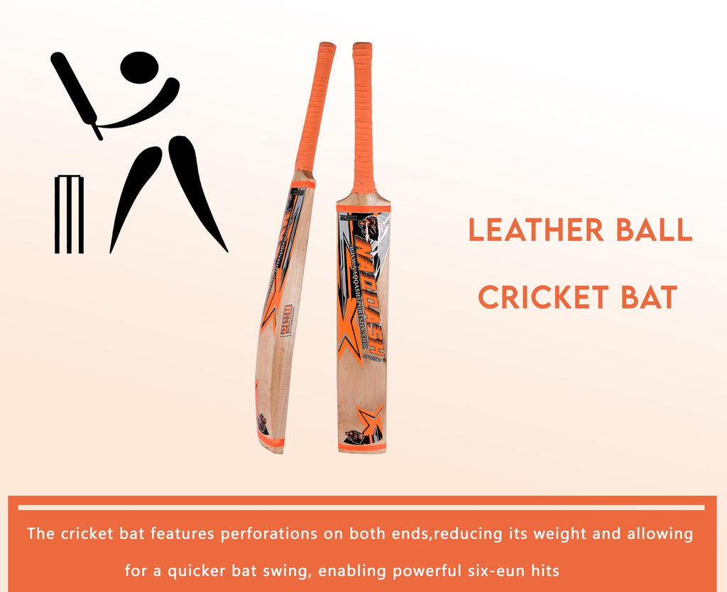 Kashmir Willow Leather Ball Cricket Bat, Orange Sticker, Adult Full Size