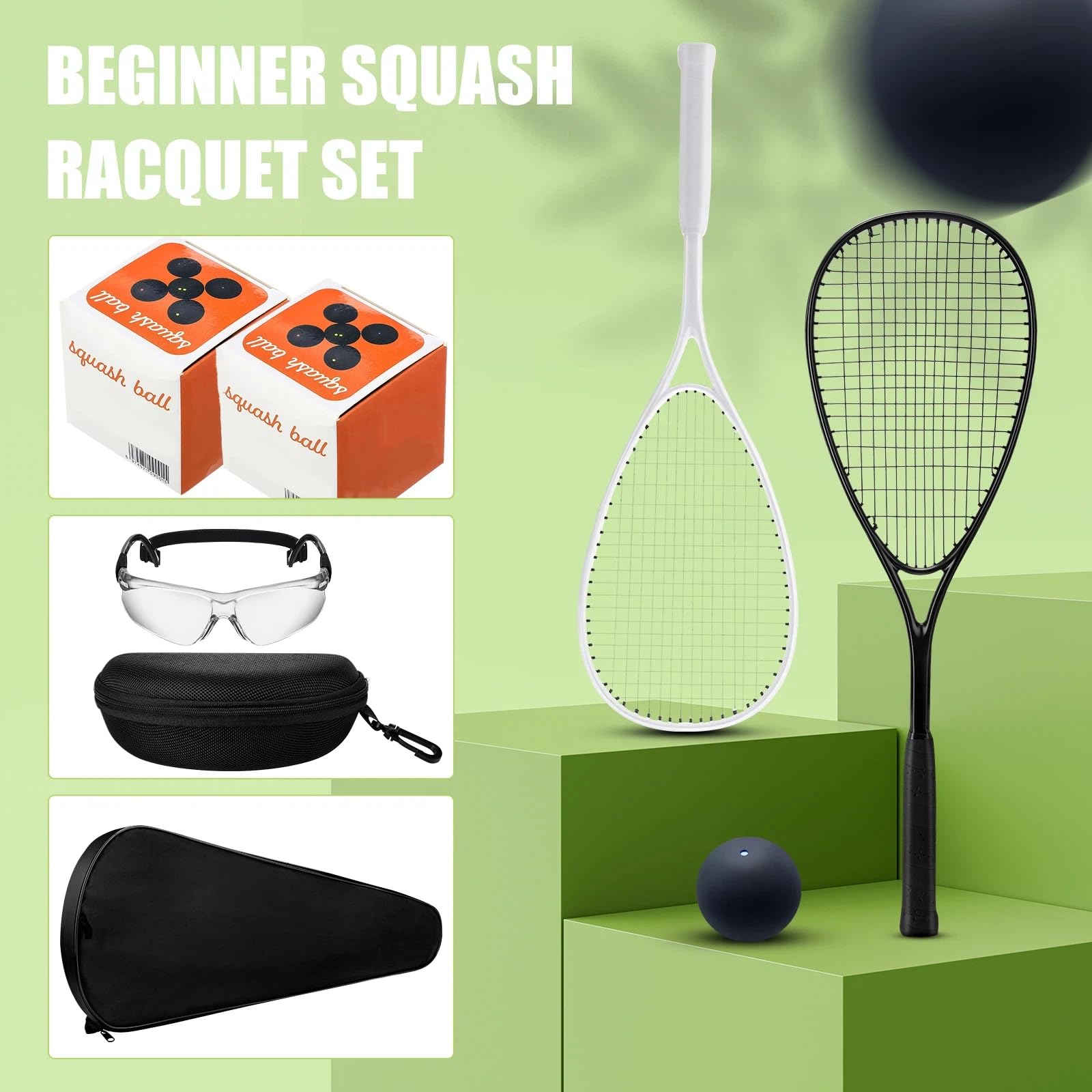 Seenelling 2 Pack Beginner Squash Racquet Set Includes 2 Racquets with Racket Bags 2 Anti Fog Goggles with Cases and 2 Blue Dot Squash Ball for Beginners Training Recreational Play(Black, White)
