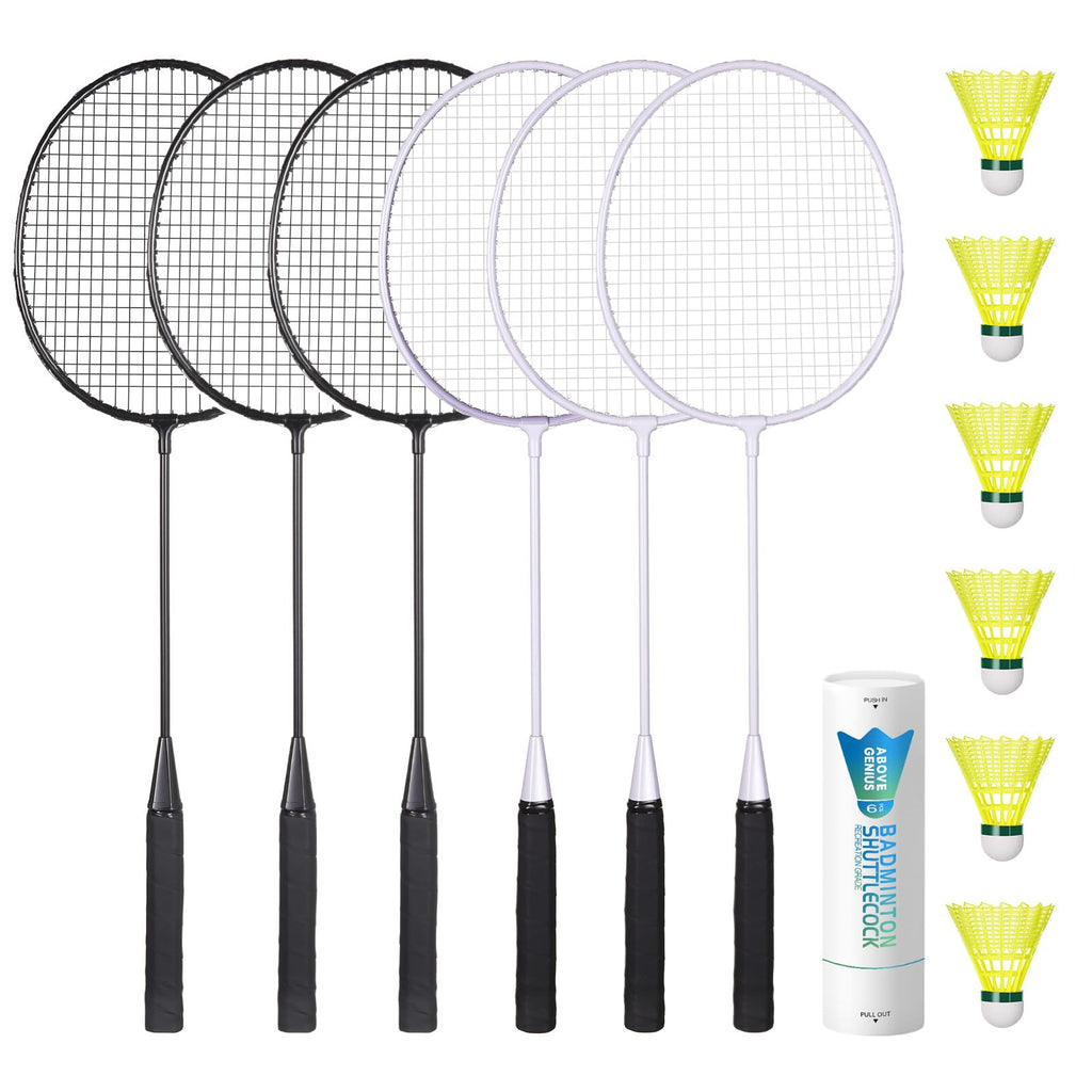 AboveGenius Badminton Rackets Set of 6 for Outdoor Backyard Games, Including 6 Rackets, 6 Nylon Badminton Shuttlecocks, Lightweight Badminton Racquets for Beginners