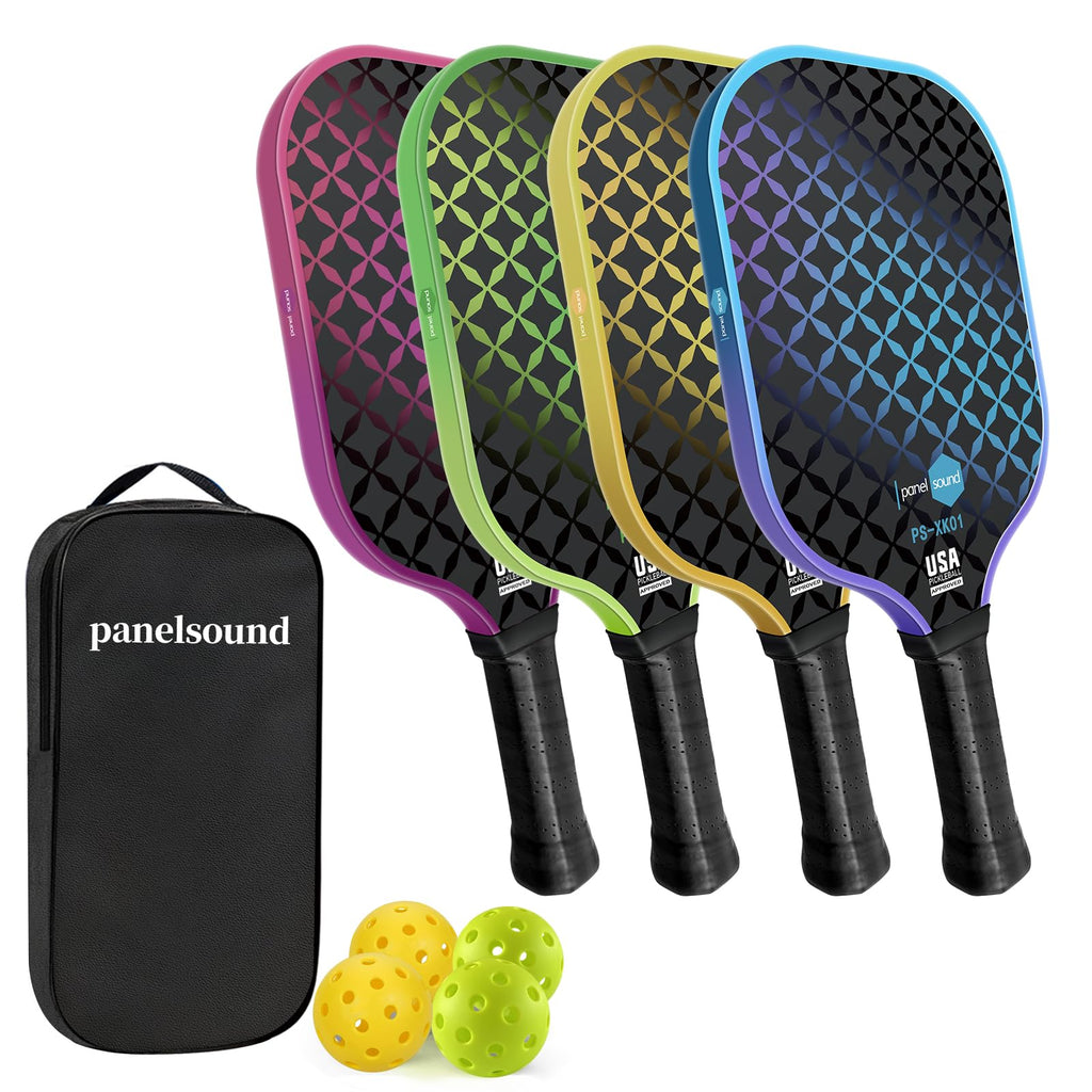 Panel Sound Pickleball Paddles Set of 4, 4 Fiberglass Pickleball Rackets, Pickleball Racquets 4 Pack with 1 Carrying Case & 4 Outdoor Balls